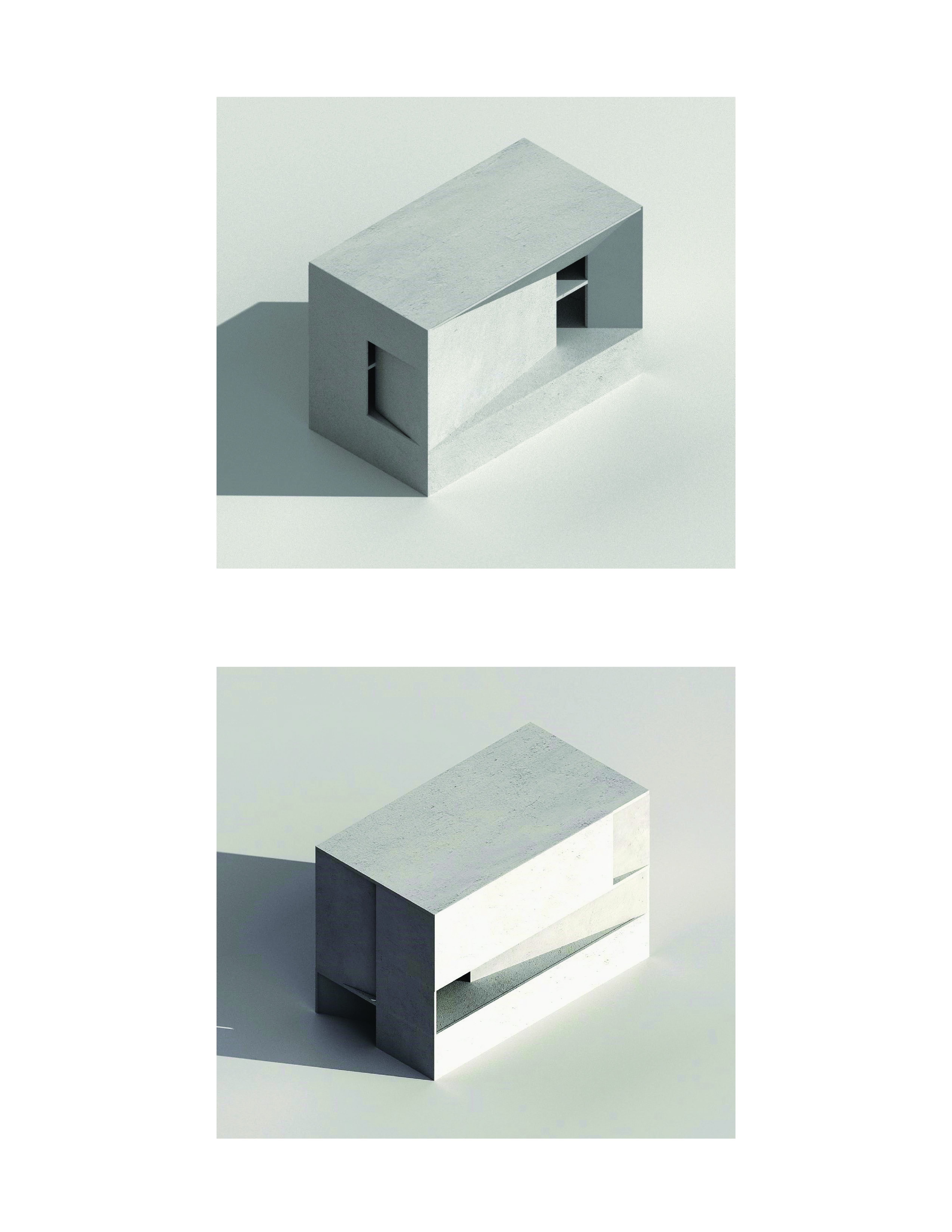 Two renders in black and white. A rectangle cube is shown in an angle that highlights slit windows, large windows and outdoor space. The exterior looks like concrete. The images overall are stark and minimalistic and the shadows from the light highlight the angles and apertures.  