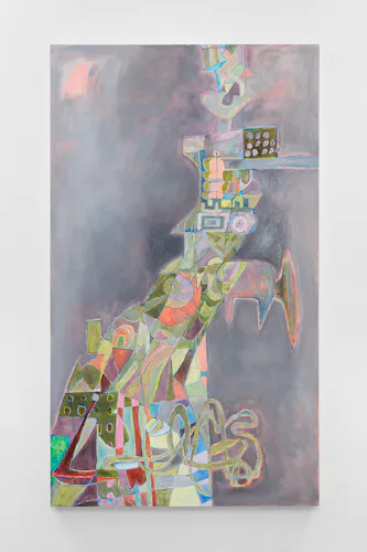 A tall painting depicting a crazy tower system