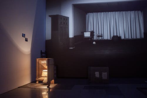 The photo shows an installation art piece consisting of objects placed in front of a projected video. On the left hand side, a desk lamp sits on the ground and illuminates part of the wall perpendicular to the wall with the projection. Two photographs are mounted on the wall. The lamp is blocked off from illuminating the projection and installation by an abstract sculpture made out of wood. The installation features several objects that are dimly lit, including pieces of wood and paper. The projection depicts a dimly-lit interior space with some pieces of furniture: a cabinet, a chair, a side table and two pots. One pot has fallen over on the floor. The image is a still from a video piece called "Troubles of Presence I-IV". The attached video shows a recording of the piece. In the video, we see a scene of rooms falling from a height and stacking onto each other, forming a sort of high rise building. The rooms are bare except for a few objects scattered seemingly at random. The objects fall over or bounce around as the rooms move. The textures on the walls and floors of the rooms differ between rooms; wood, tile, drywall, carpet. The second scene in the video shows the camera panning around a dimly lit room, back and forth and spinning in circles. As the camera pans back and forth, parts of the room that are out of view change their layout, and objects appear and disappear. The camera moves in a choreographed, dance-like way accompanied by percussive sounds. The atmosphere of the video is eerie and mysterious.