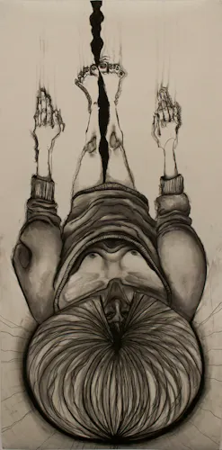 On off white tanned paper. More of atop down perspective on a figure wearing a long-sleeved sweater with naturally puffed-up sleeves. The arms and legs reach up in this almost falling position, big toes just touching, the space between the legs filled in with black. Fingers and  Toes have dragged lines from the tips to the edge of the paper. The sweater is highly contrasted in dark grey. A circle of hair, lines defining said hair radiating and curved to follow the path of the other hairs from center down, up and out, encompasses the bottom third of the image, a small triangle of the circle at the top left cut out for the face to peak through, small and heavily shadowed. The collarbones and ribcage beneath the skin are visible and stronger highly contrasted as they fade into the darkness beneath the sweater in the gaping open top where we can see down into, breasts fully visible from this view. 