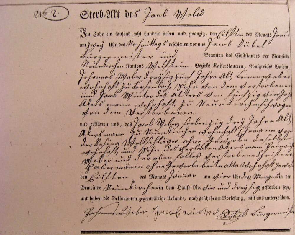 A death certificate for Jacob Weber, who died in Germany in 1827. 
