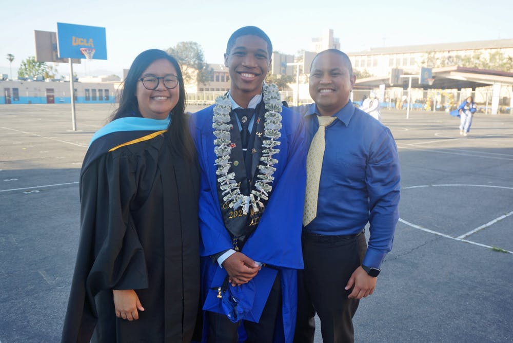 Caleb Jordan, a CHOICES College Scholarship recipient, with Darlene Tieu, science, biology, and chemistry teacher; and Arbin Lubiano, mathematics teacher. Jordan will attend Benedict College in the fall. Courtesy of Darlene Tieu