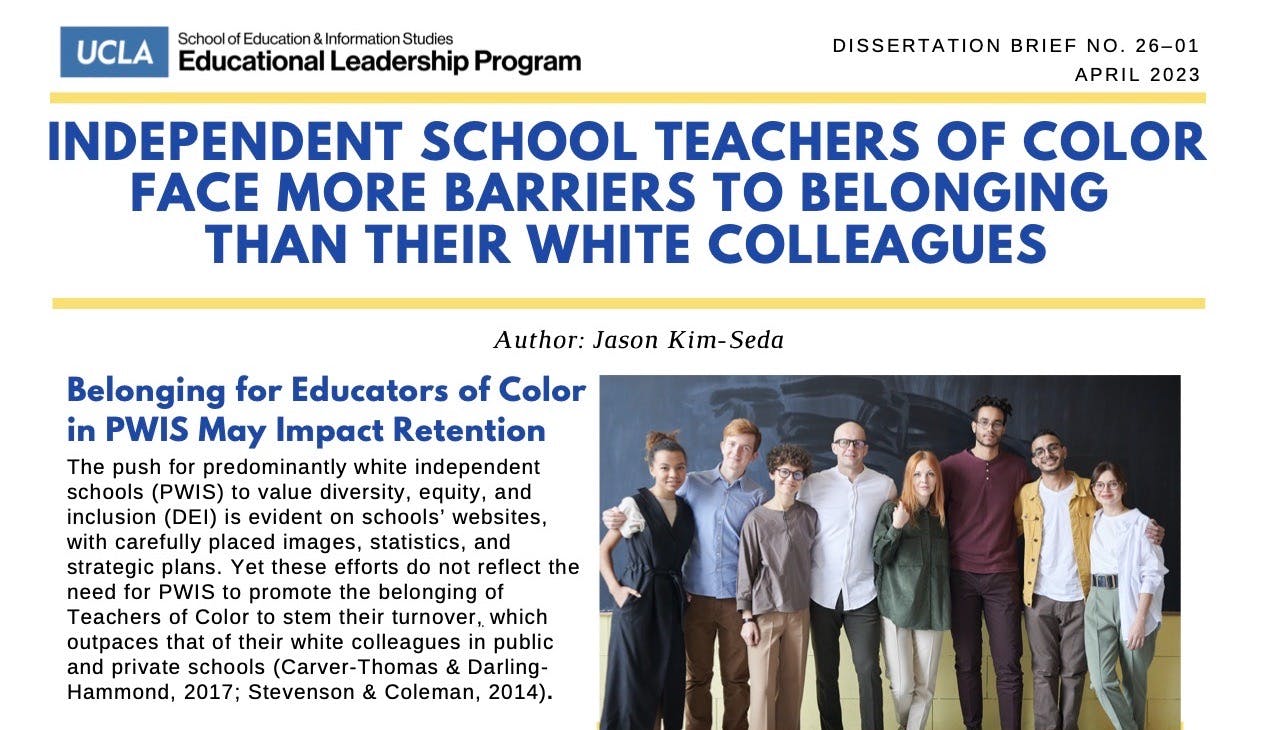 Research Brief Cover: Independent School Teachers of Color Face More Barriers to Belonging than their White Colleagues