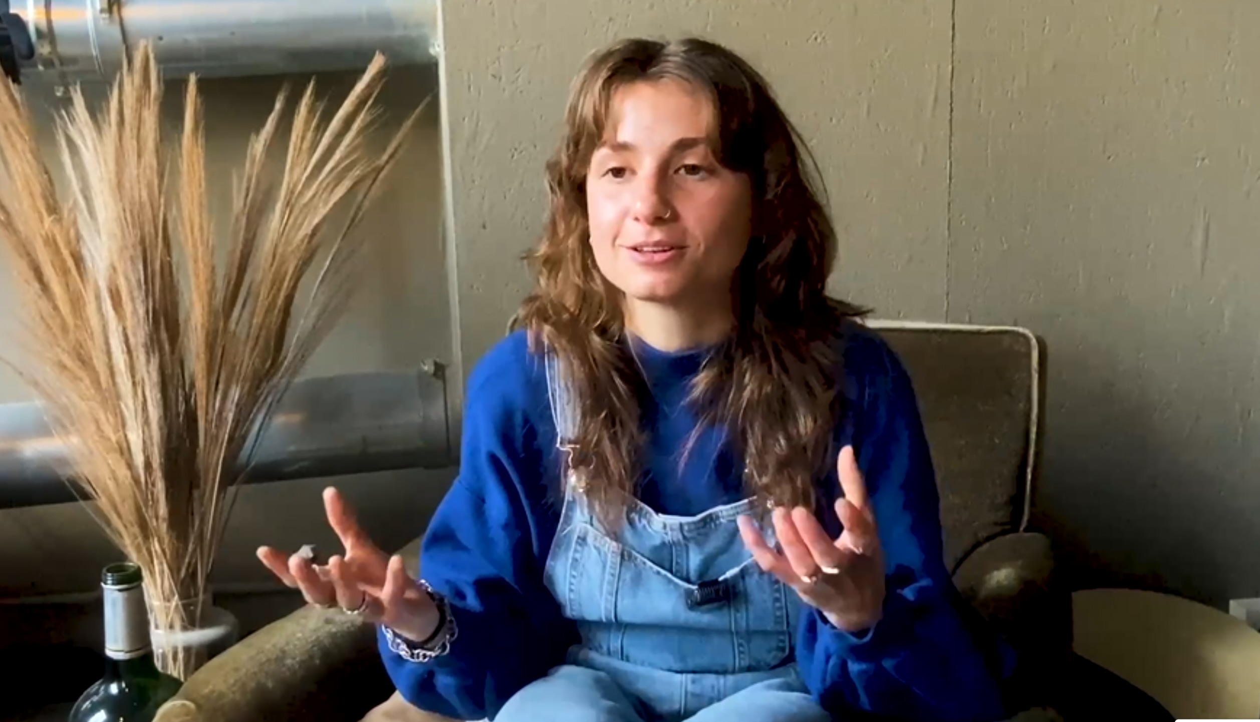 Afbeelding van een vastberaden jongedame van 26 jaar oud. Lang golvend haar, blauwe pull en jeans salopette. 