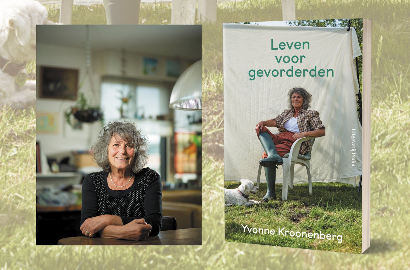 Auteursfoto van Yvonne Kroonenberg naast de omslag van haar nieuwe boek 'Leven voor gevorderden'