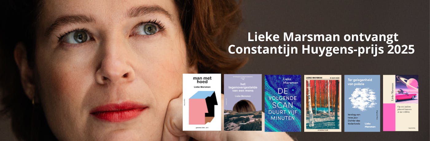 Lieke Marsman met omslagen van haar boeken