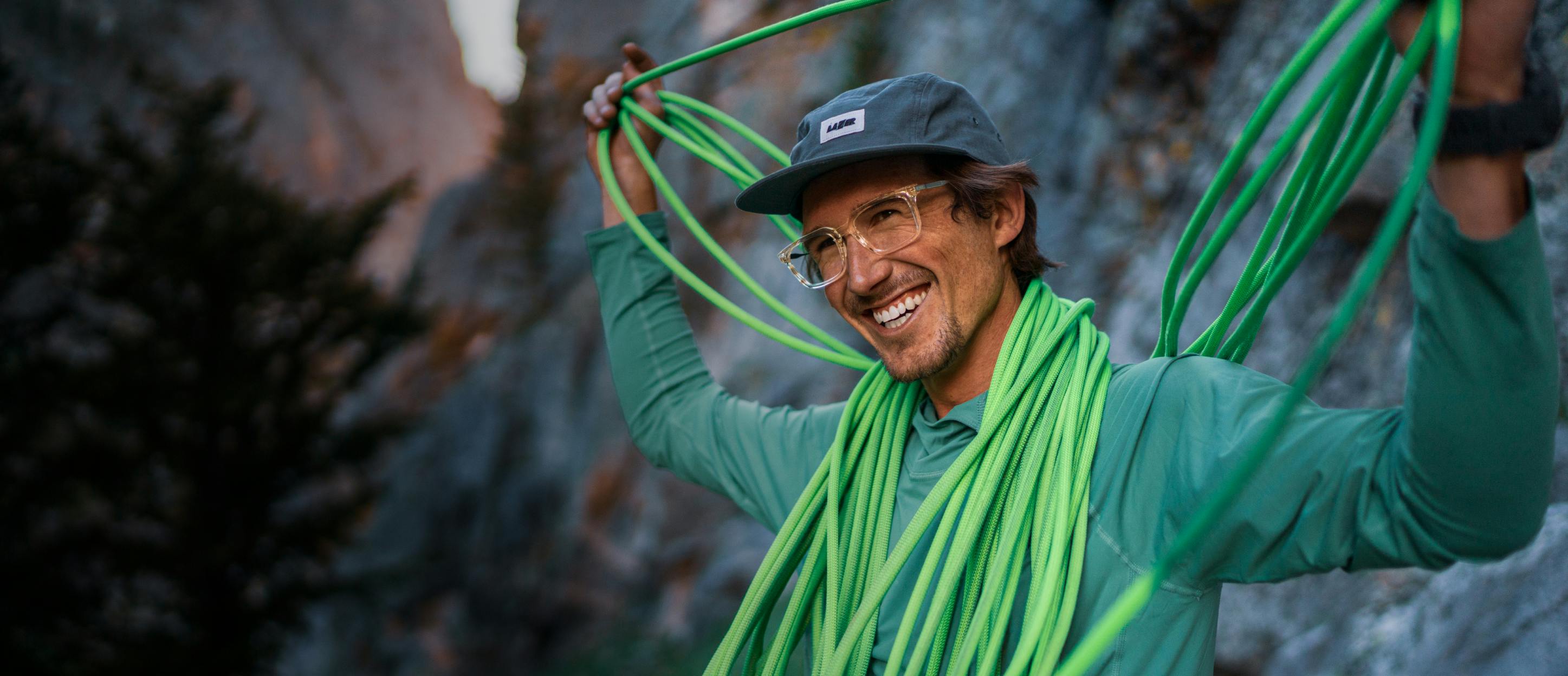 Rock climber wearing ROKA eyeglasses