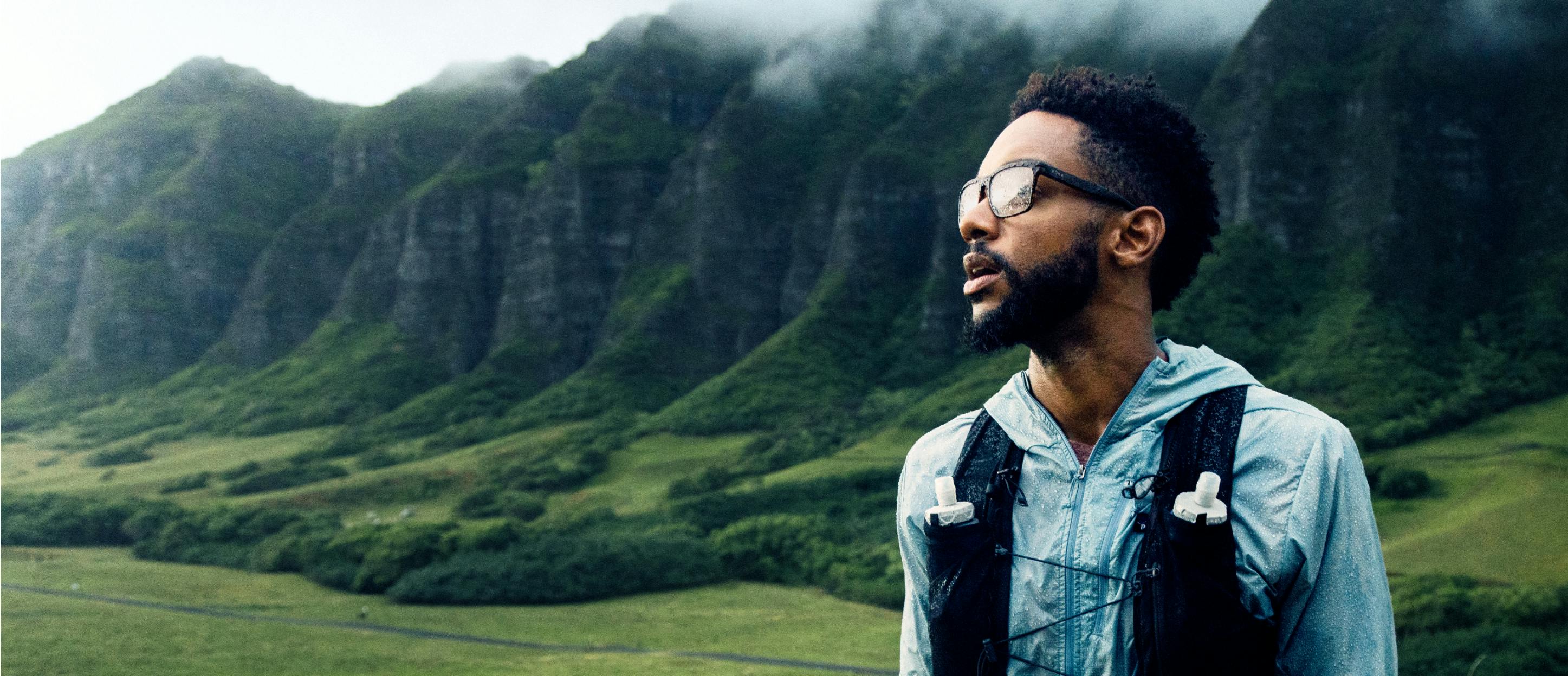Man hiking wearing ROKA eyeglasses