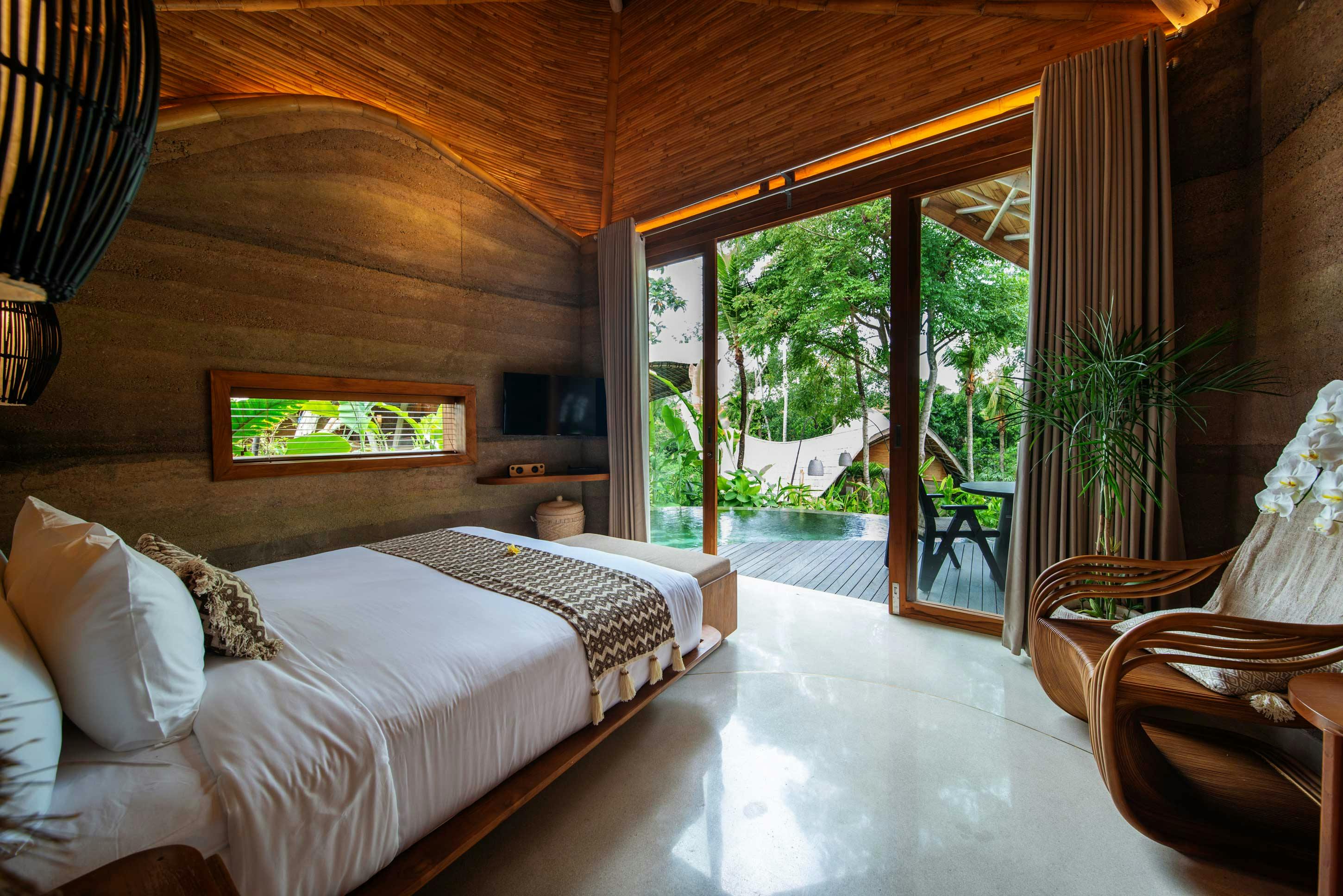 wide-angle of inside the one bedroom villa looking outside