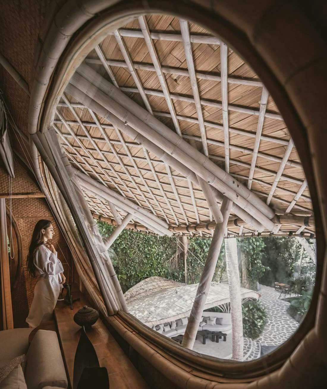 woman looking out cocoon window