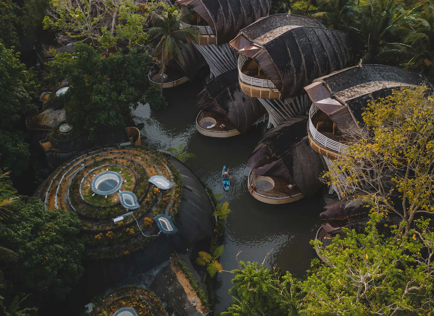 Ulaman Eco Retreat seen by drone, villas among the jungle