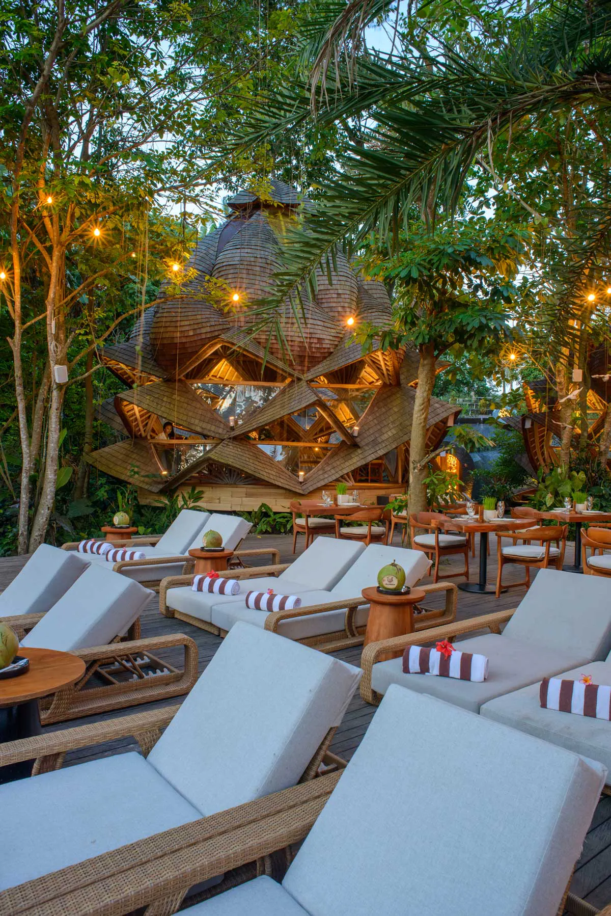 Long chairs by the pool