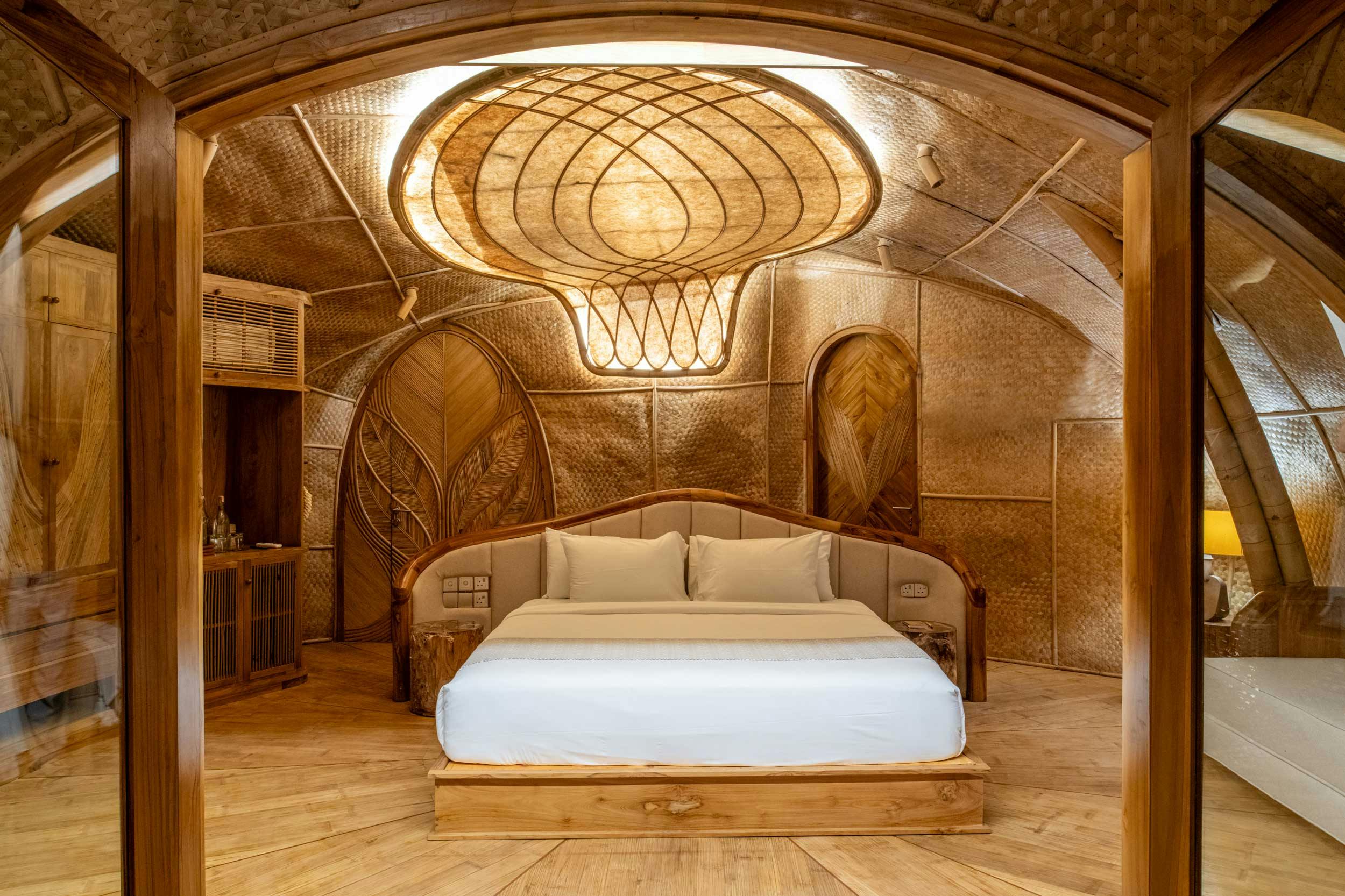 The bedroom of a  beautiful, luxurious bamboo villa