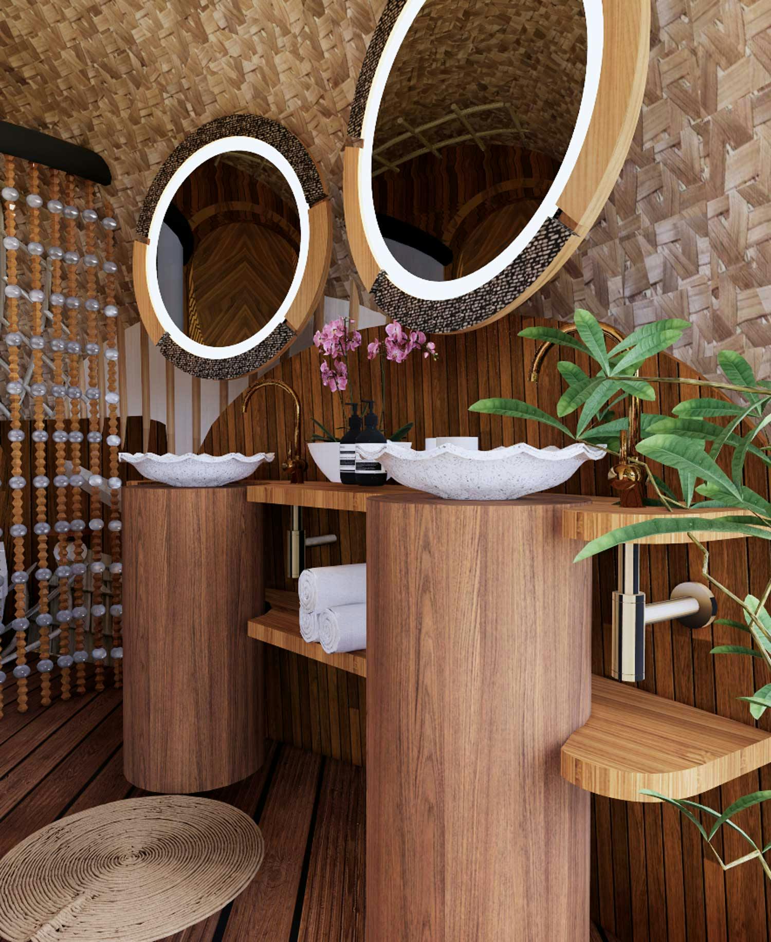 The bathroom of a beautiful, luxurious bamboo villa