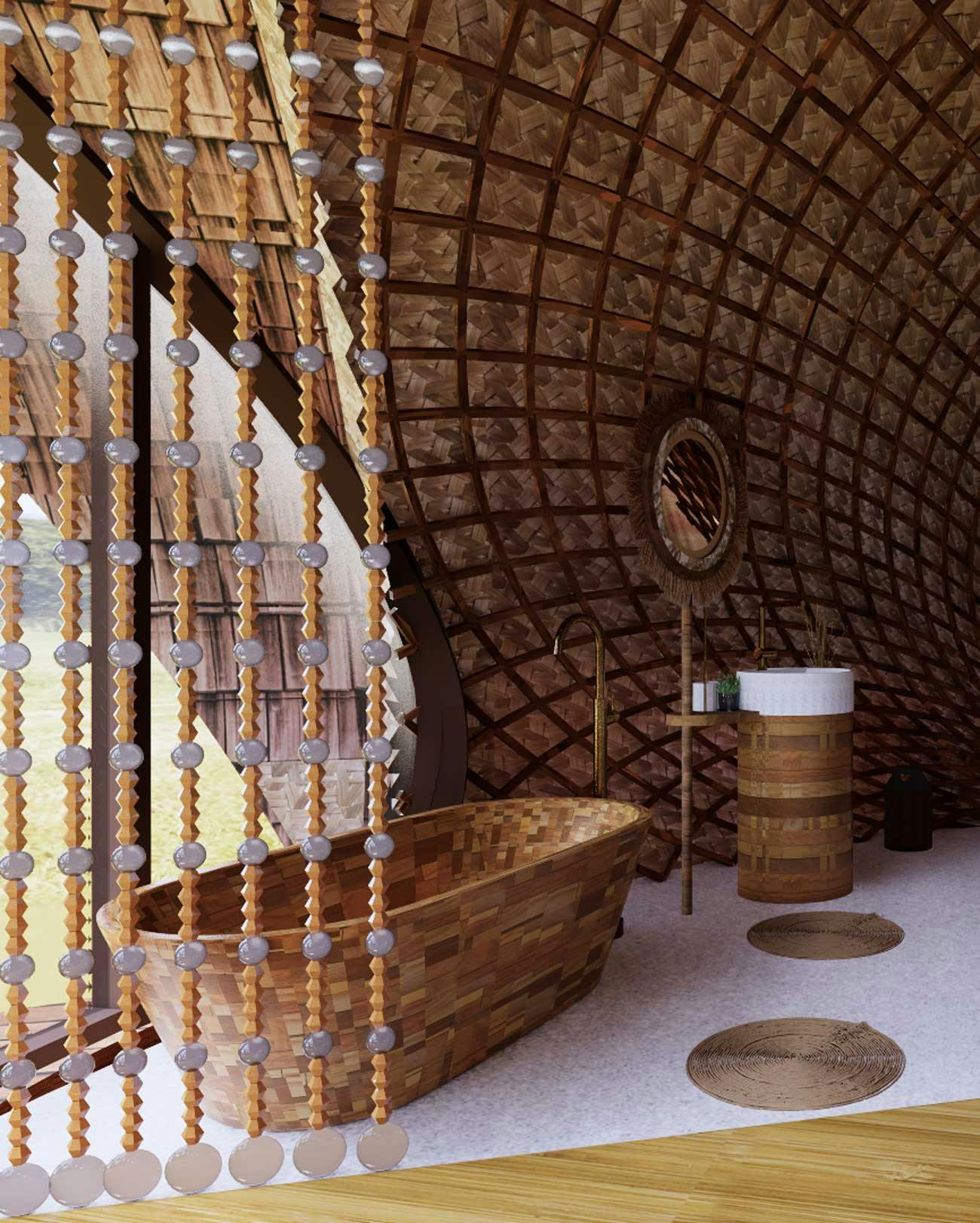 The bathroom of a beautiful, luxurious bamboo villa