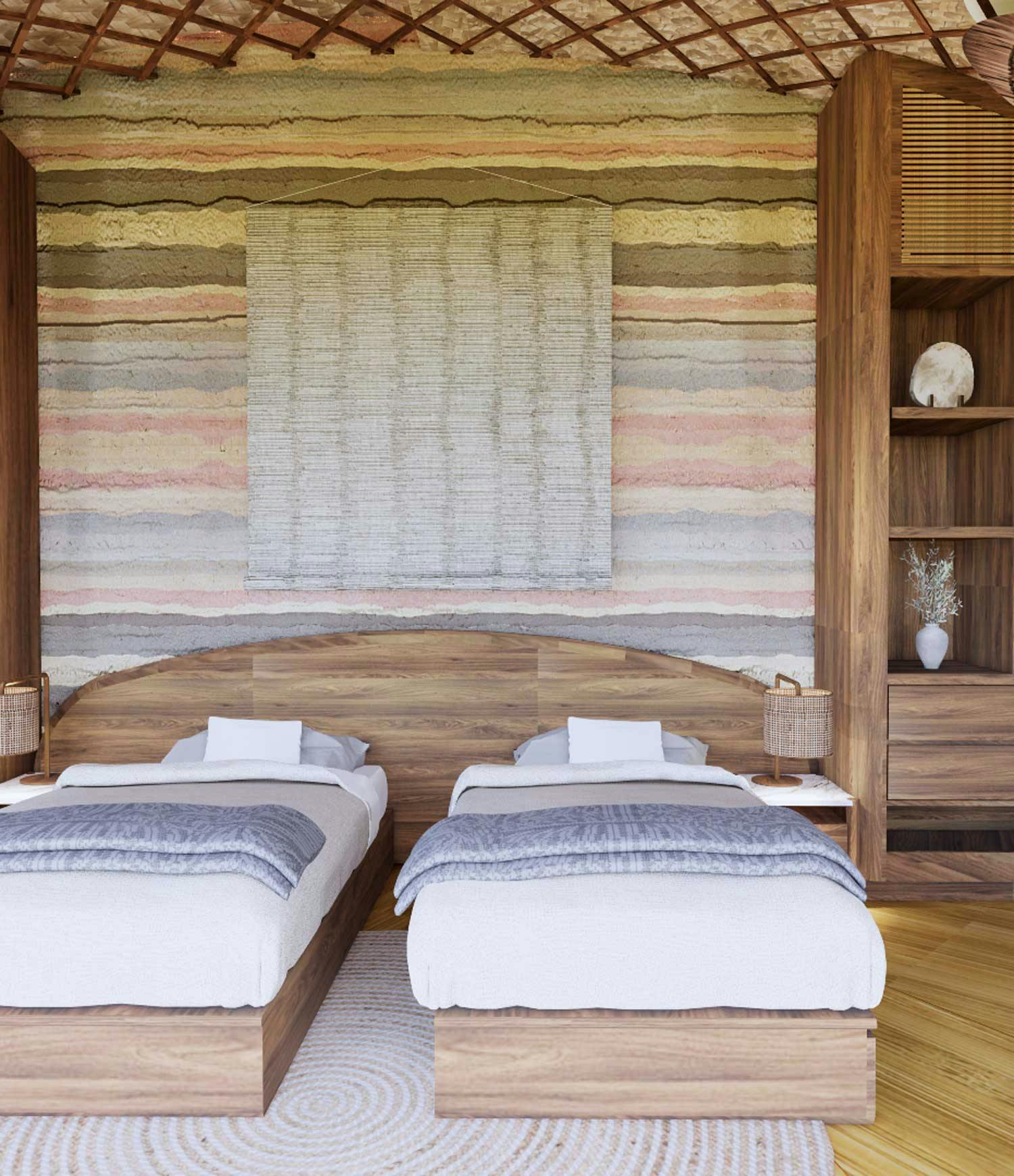 The bedroom of a beautiful, luxurious bamboo villa