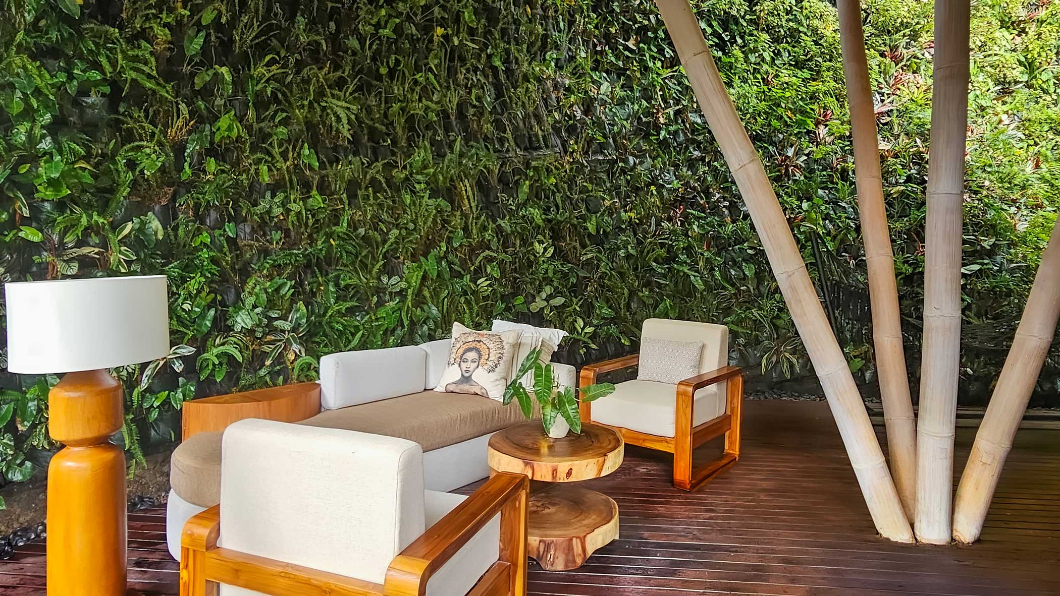 outdoors of a beautiful waterfall villa room inside an eco luxury resort in Bali