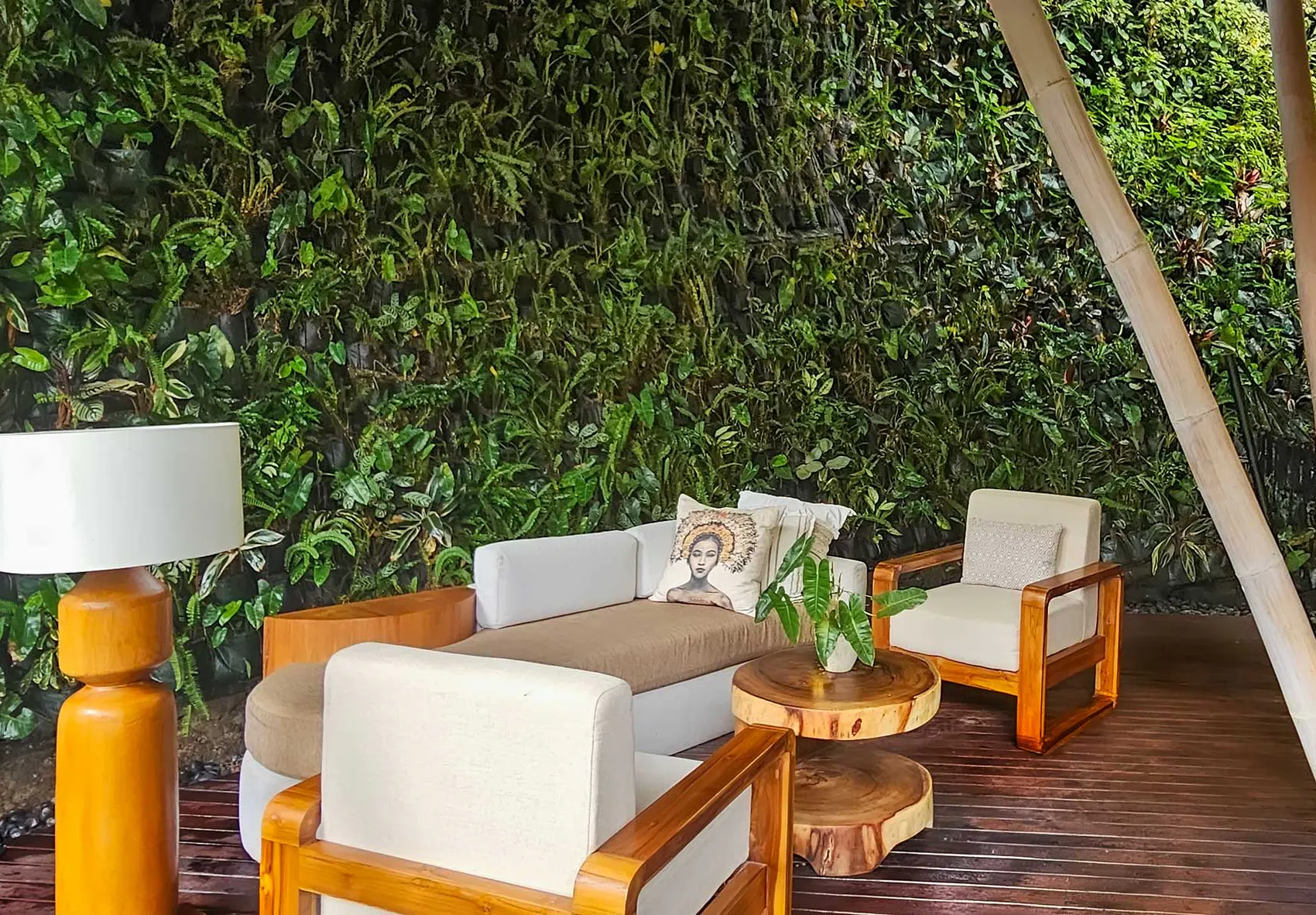 outdoors of a beautiful waterfall villa room inside an eco luxury resort in Bali