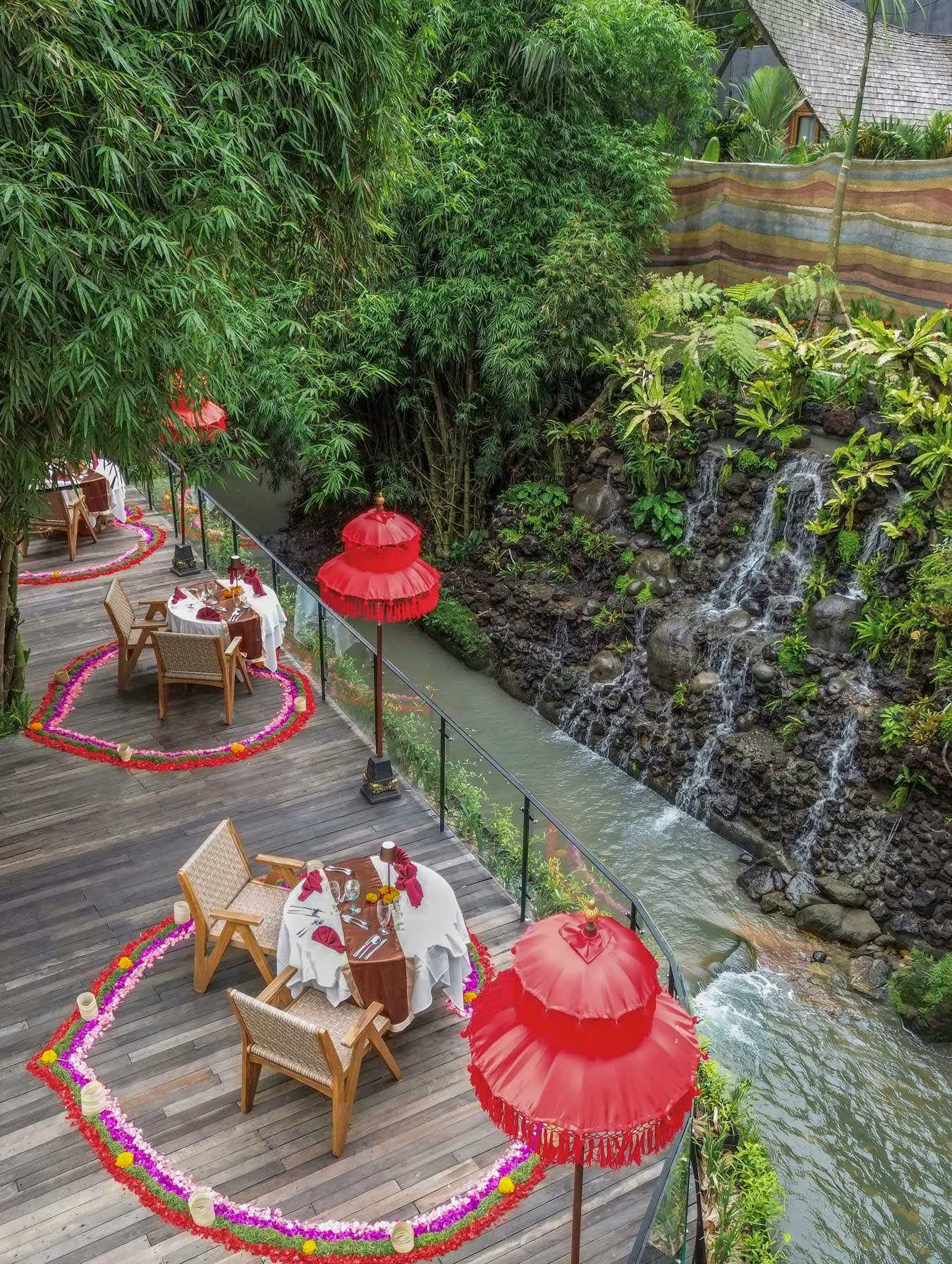 Romantic bamboo deck dining at a luxury resort in Bali