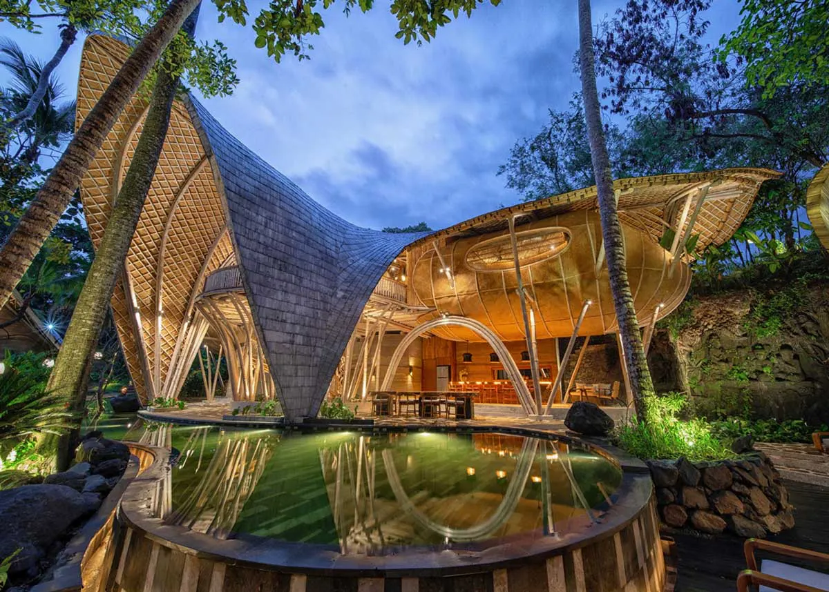 view of beautiful bamboo structure in eco luxury resort in bali