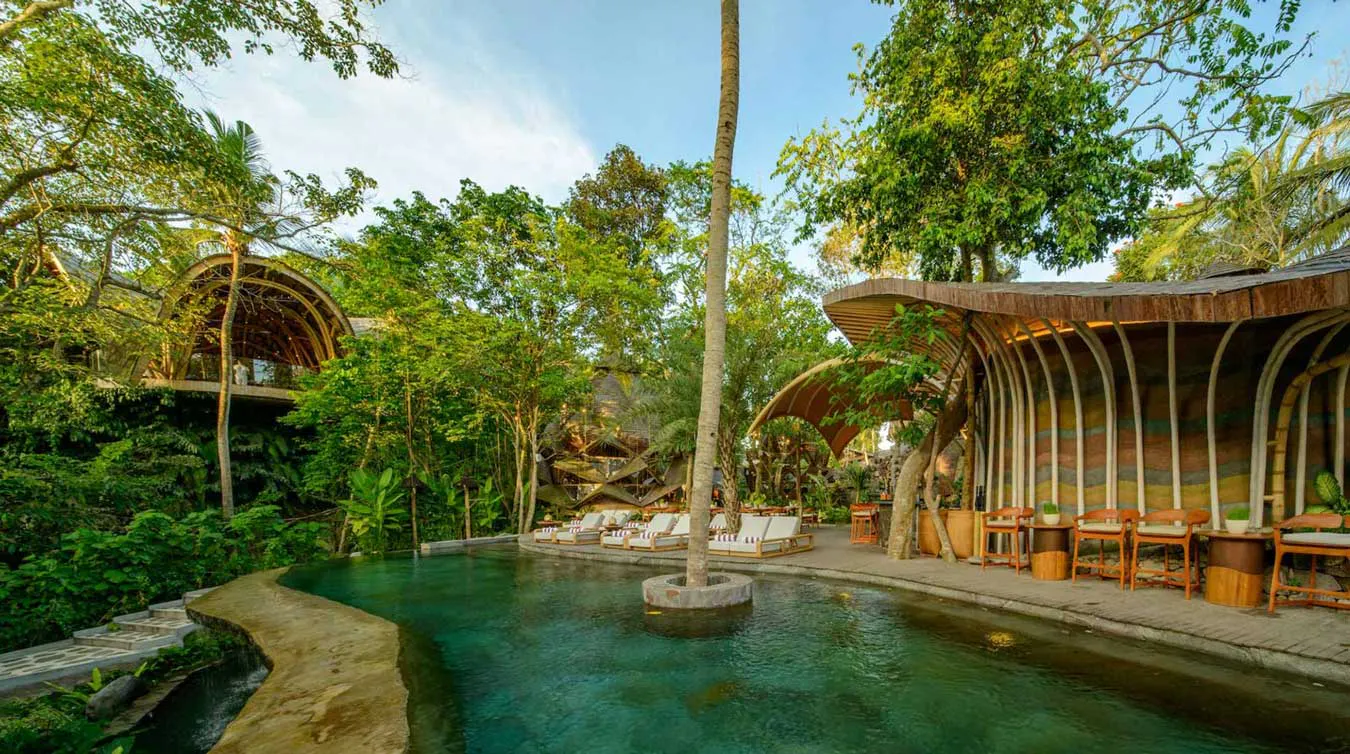 Luxury eco-resort pool surrounded by tropical jungle in Bali, with organic curved bamboo and wood architecture, turquoise lagoon-style swimming pool, sun loungers on poolside island, and lush green rainforest canopy