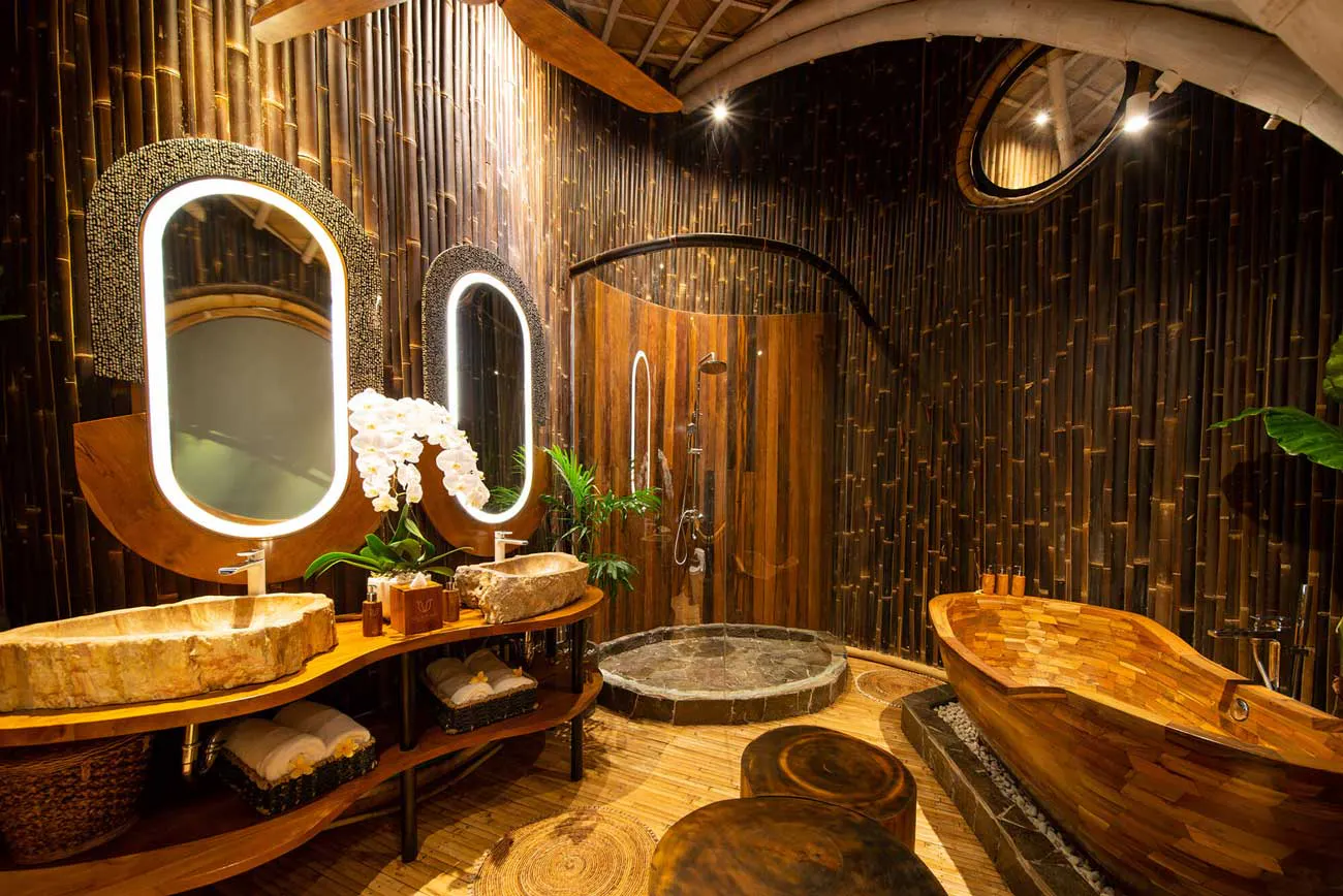bamboo bathroom of a beautiful luxurious bamboo villa in eco luxury resort in bali
