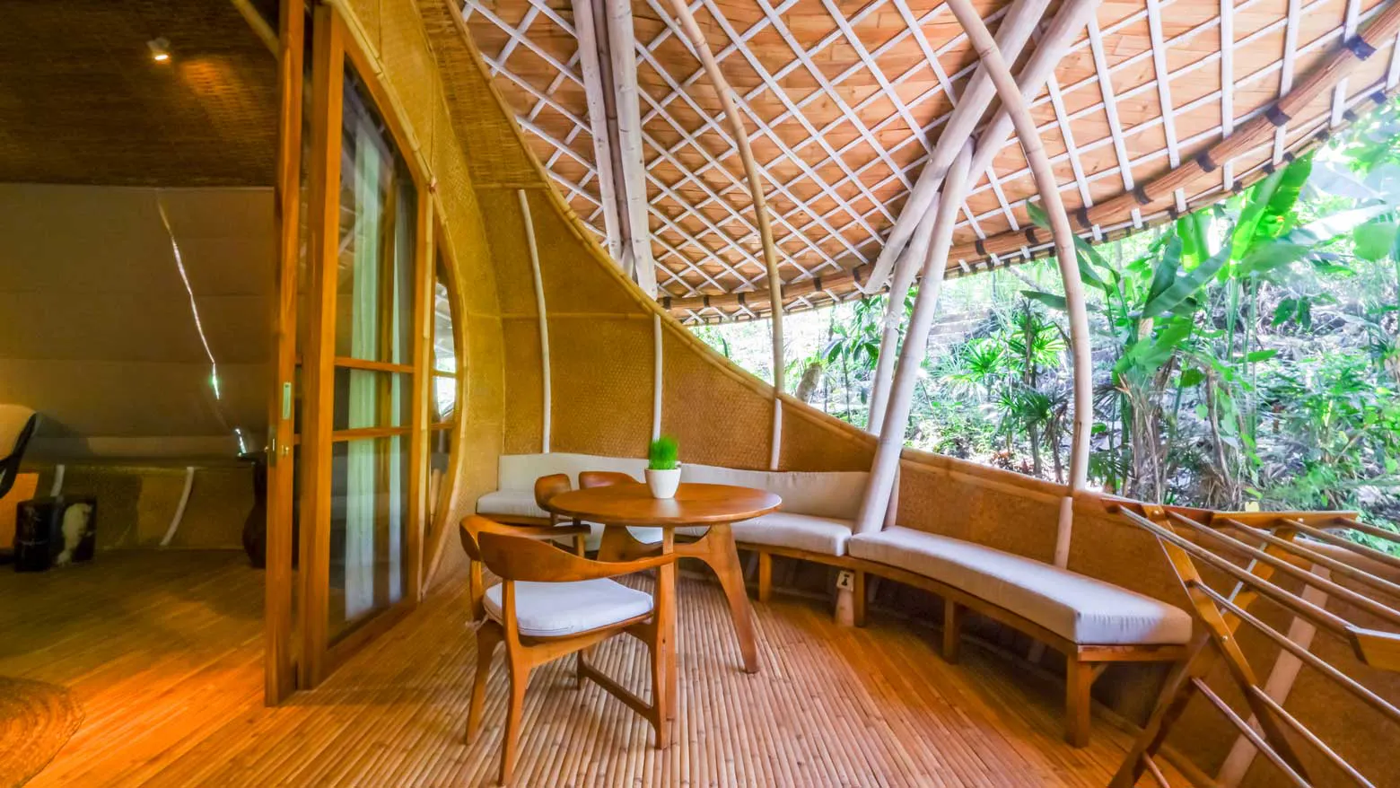 balcony of luxurious bamboo villa in eco luxury resort in bali
