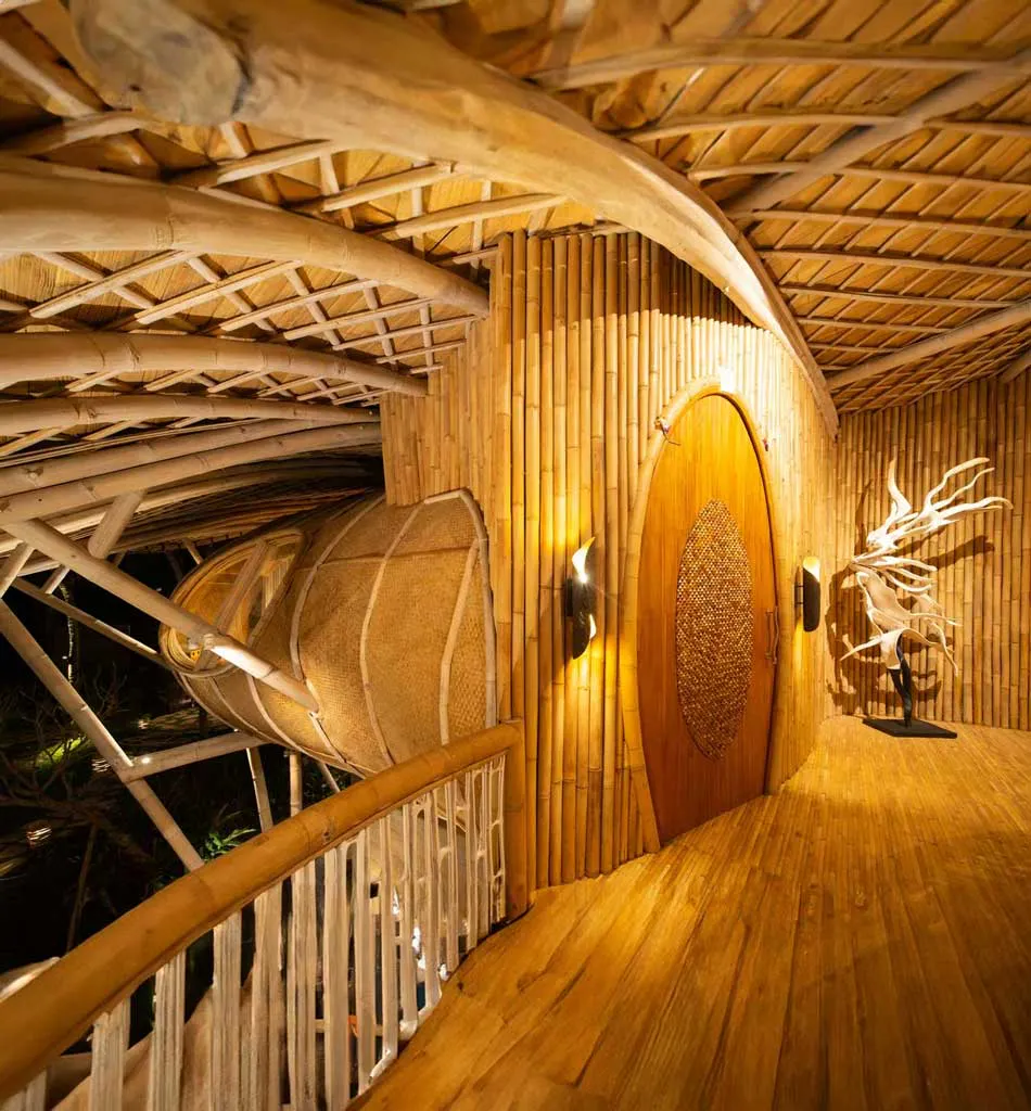 entrance of luxurious bamboo villa in eco luxury resort in bali