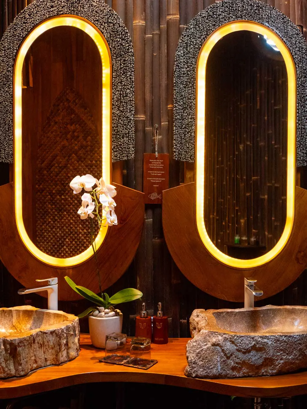 bathroom of a beautiful luxurious bamboo villa in eco luxury resort in bali