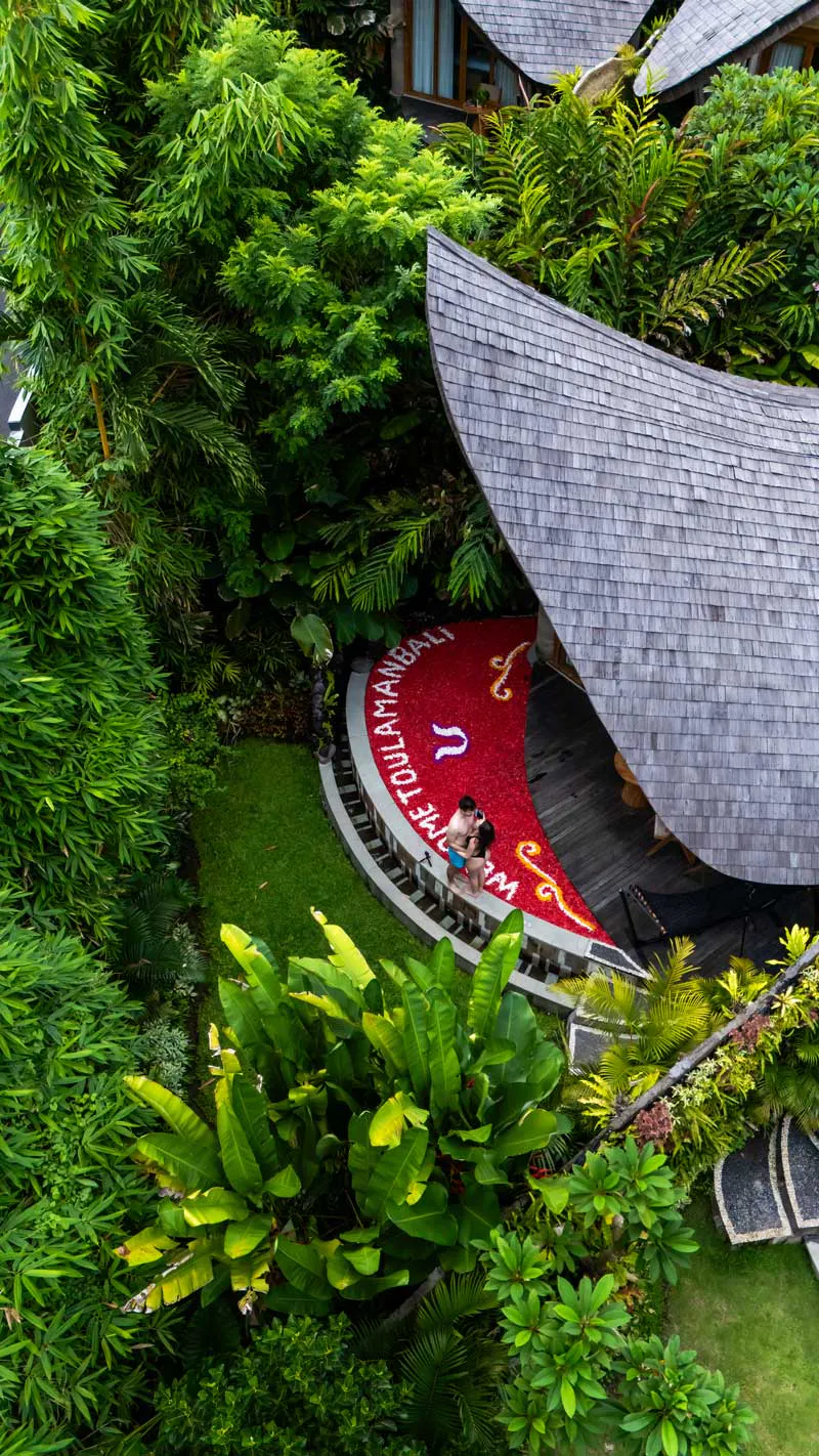 drone view of a one bedroom villa with private pool in eco luxury resort in bali