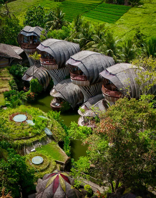 drone view of eco luxury resort in bali