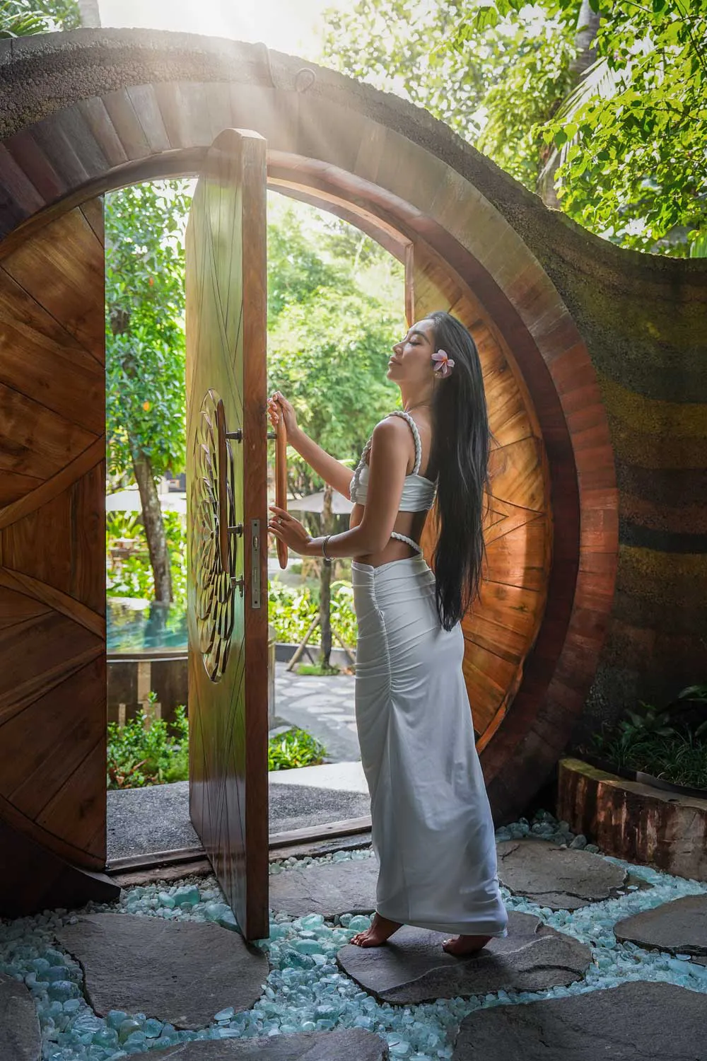 beautiful large wooden door of a eco luxury resort in bali
