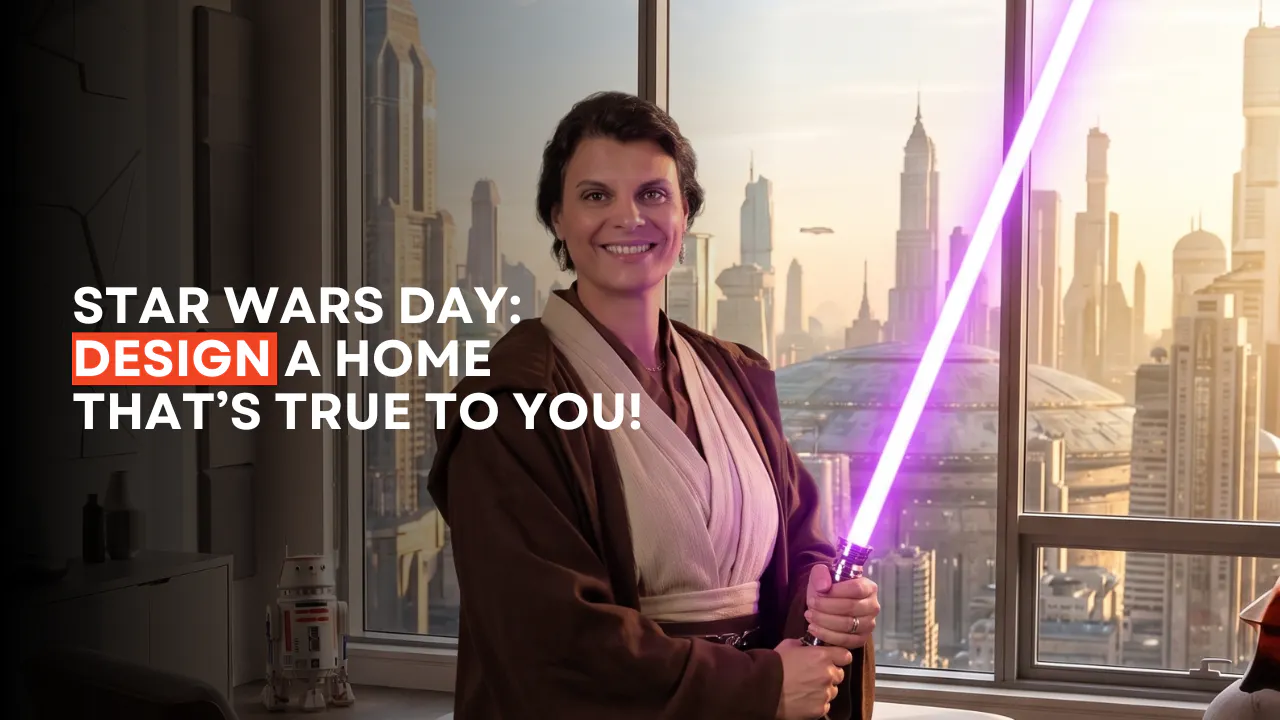 Vessi Andreeva depicted using AI holding a purple lightsaber in a futuristic apartment in front of a set of windows overlooking a wondrous city in space.
