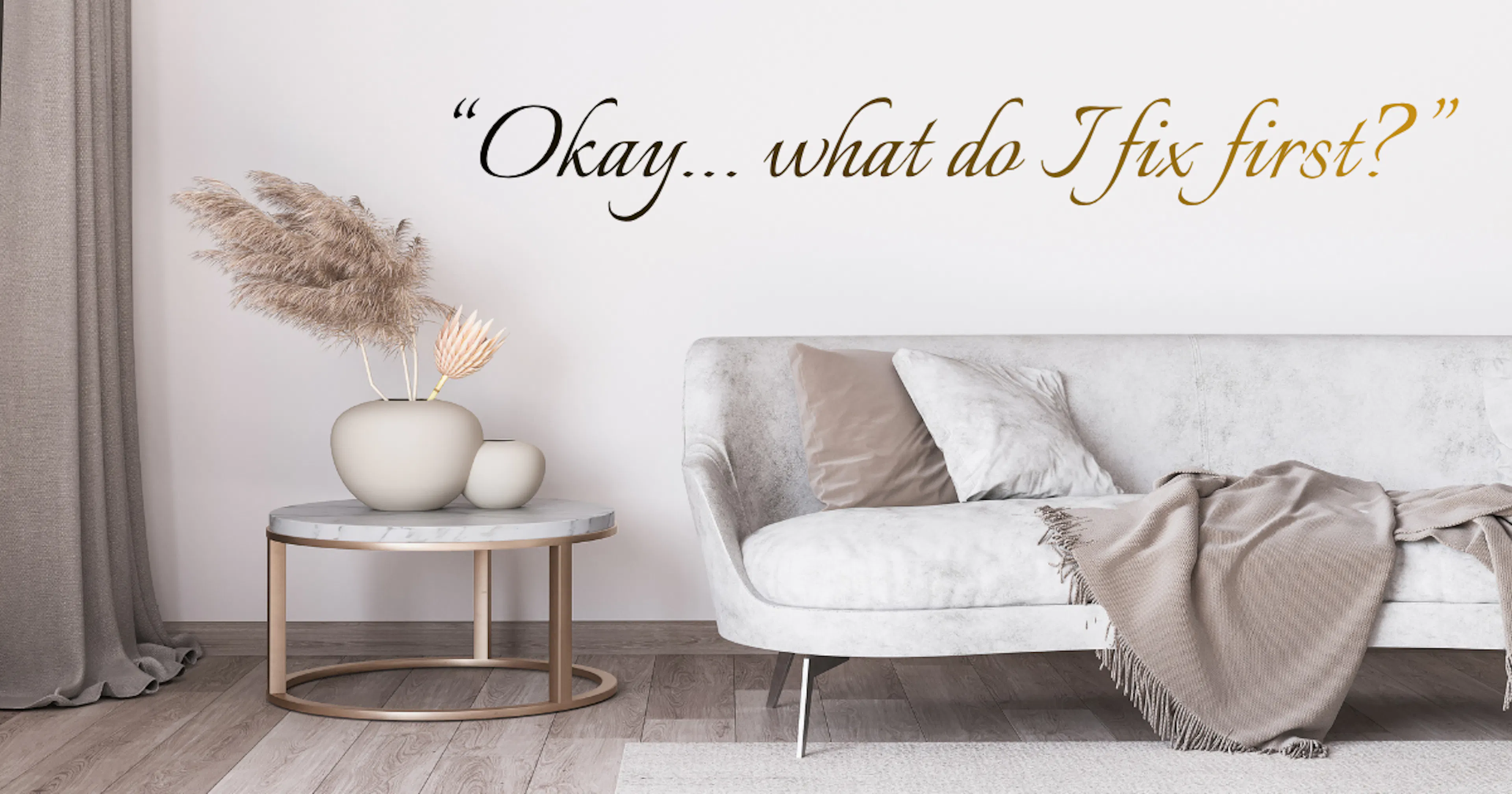 Visual of a couch and coffee table with decor all in neutral colours in a modern and stylish apartment.