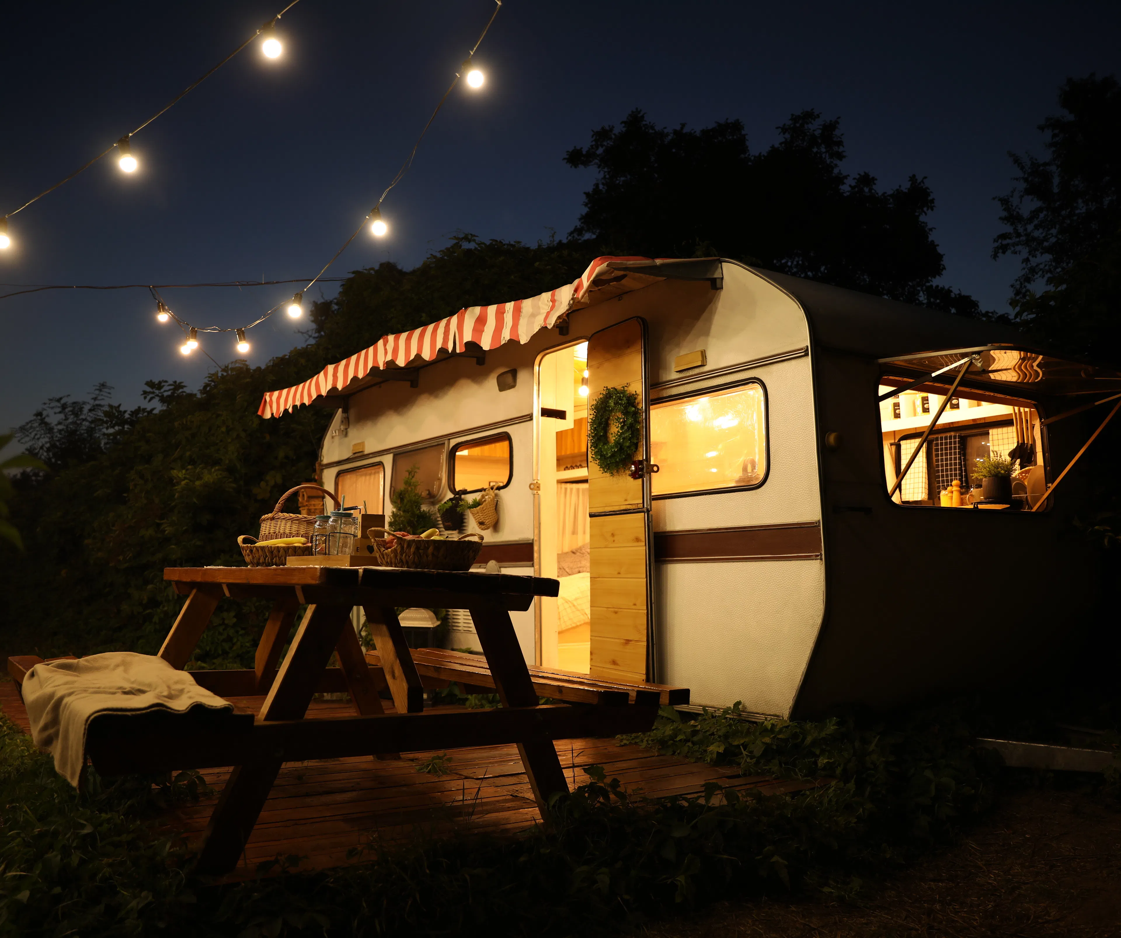 Beautiful view of motorhome outdoors at night