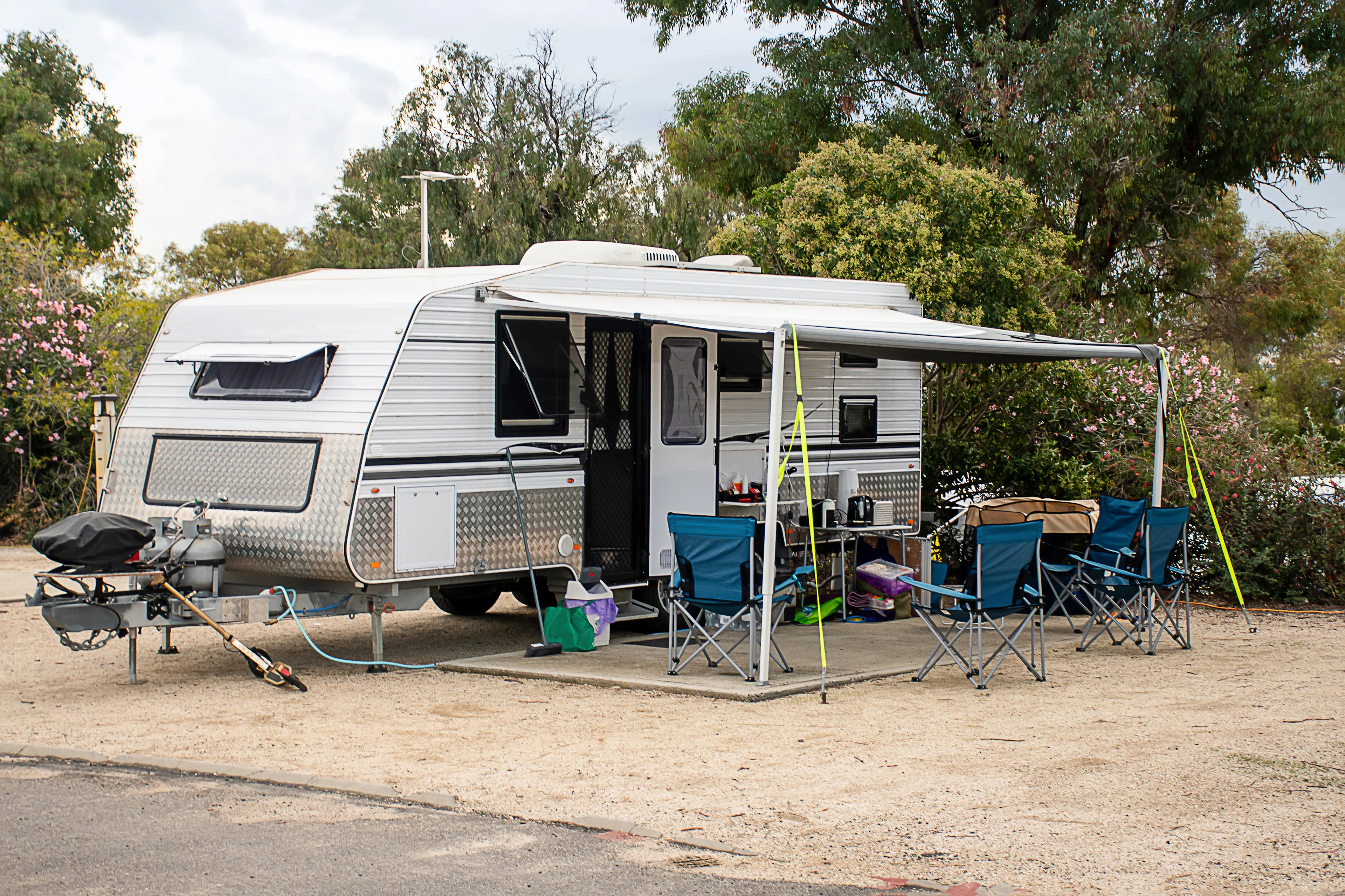 Mudgee, Australia -2021-04-07 RV caravan camping at the caravan park. Camping vacation familly travel