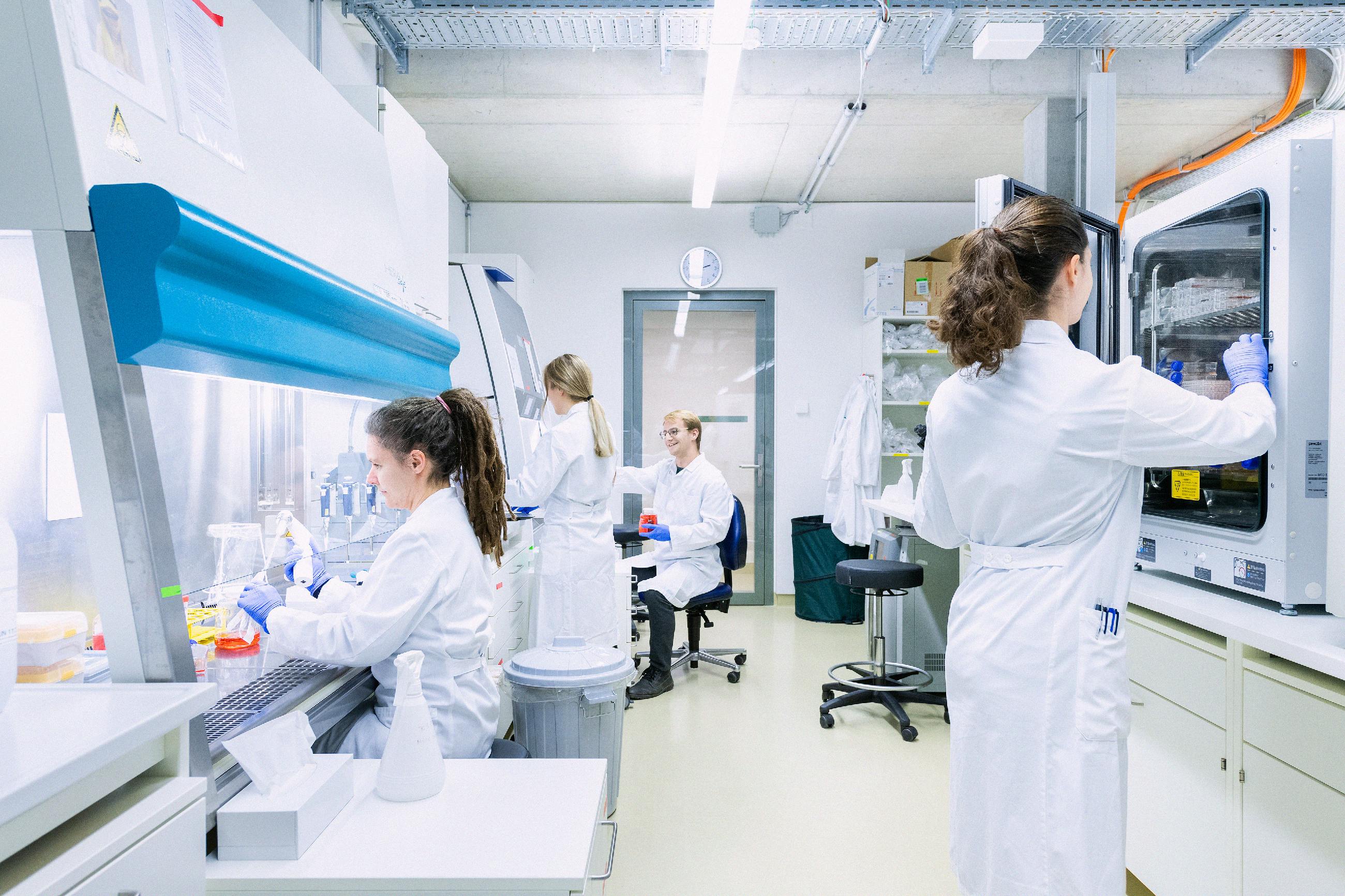 Research team in the laboratory analyzing tumor tissue