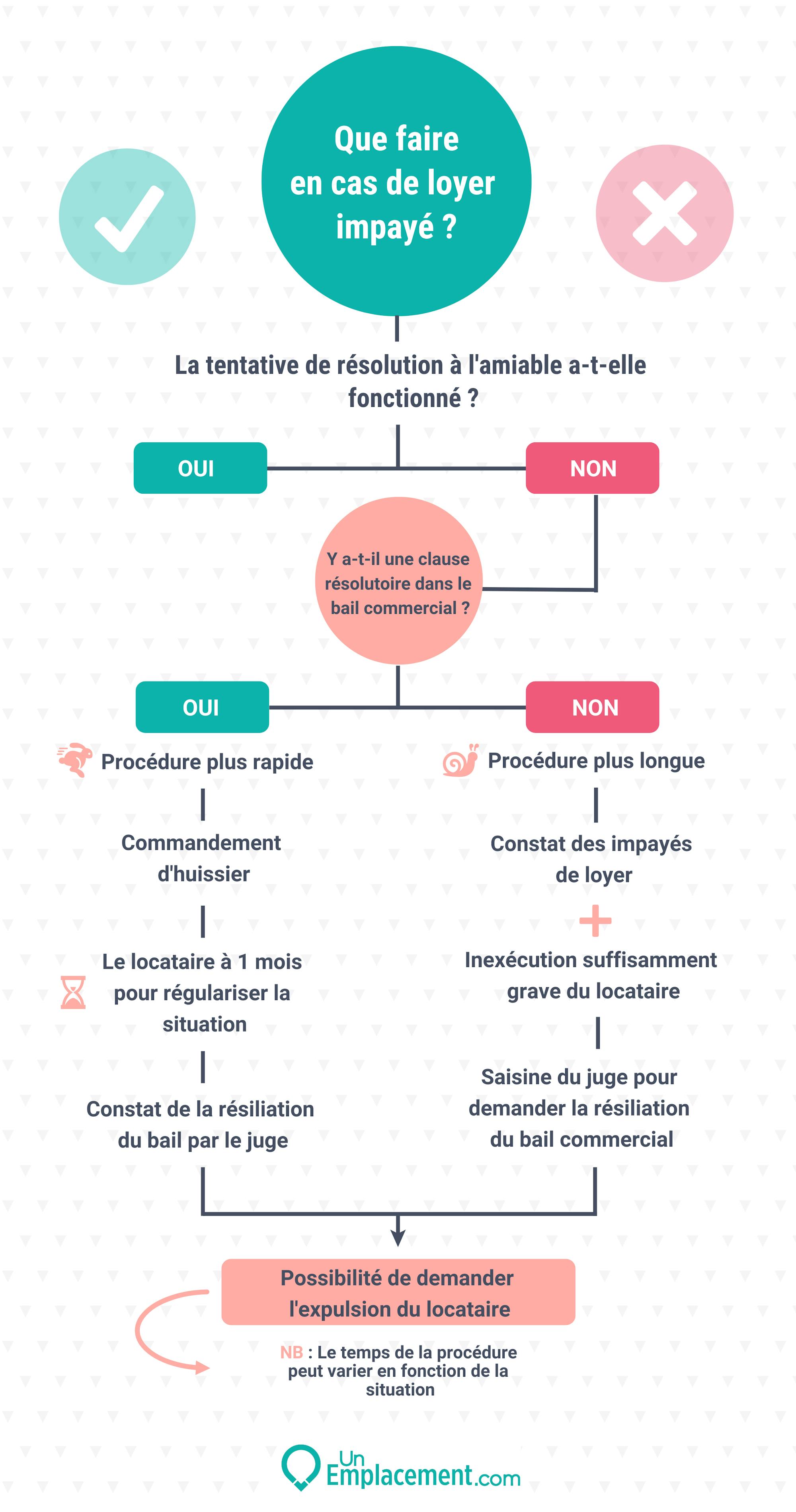 Infographie sur les recours du bailleur en cas d'impayés de loyers dans le cadre d'un bail commercial Infographie sur les loyers impayés dans le bail commercial