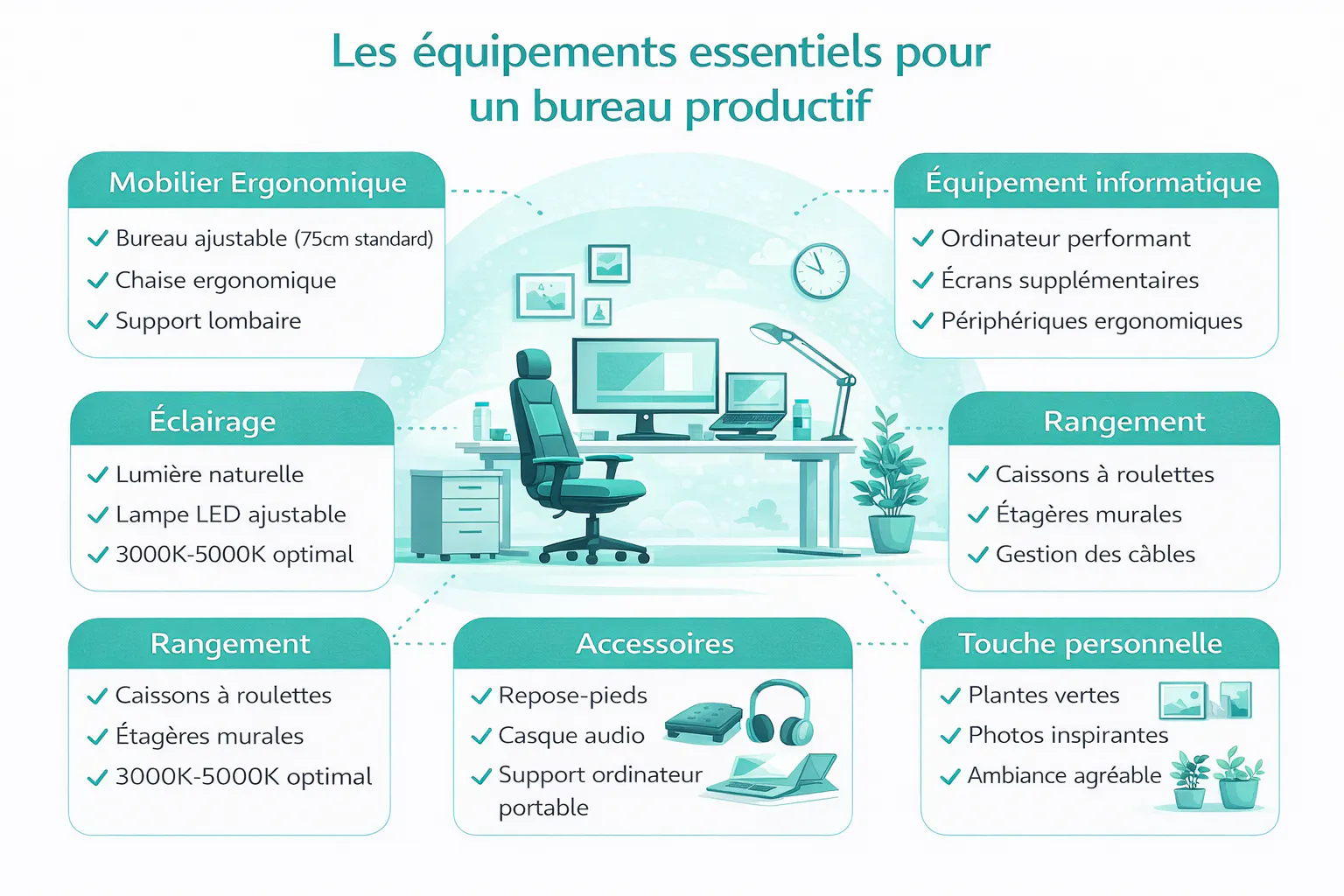 Infographie sur les équipements pour un bureau productif Les équipements essentiels pour un bureau productif
