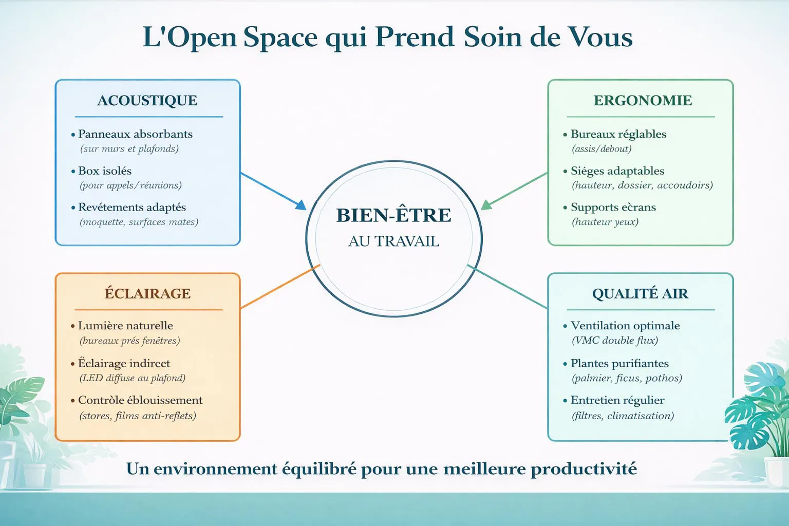 Infographie open space : Préserver la santé de vos salariés Infographie sur l'aménagement bien-être en open space