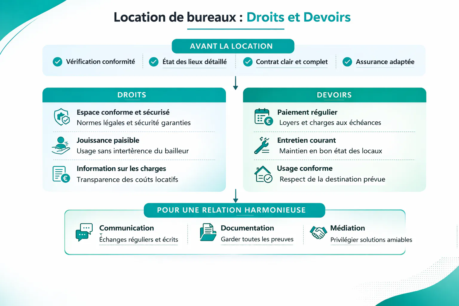 Infographie droits et devoirs des locataires de bureaux Infographie droits et devoirs des locataires d'espaces de bureaux