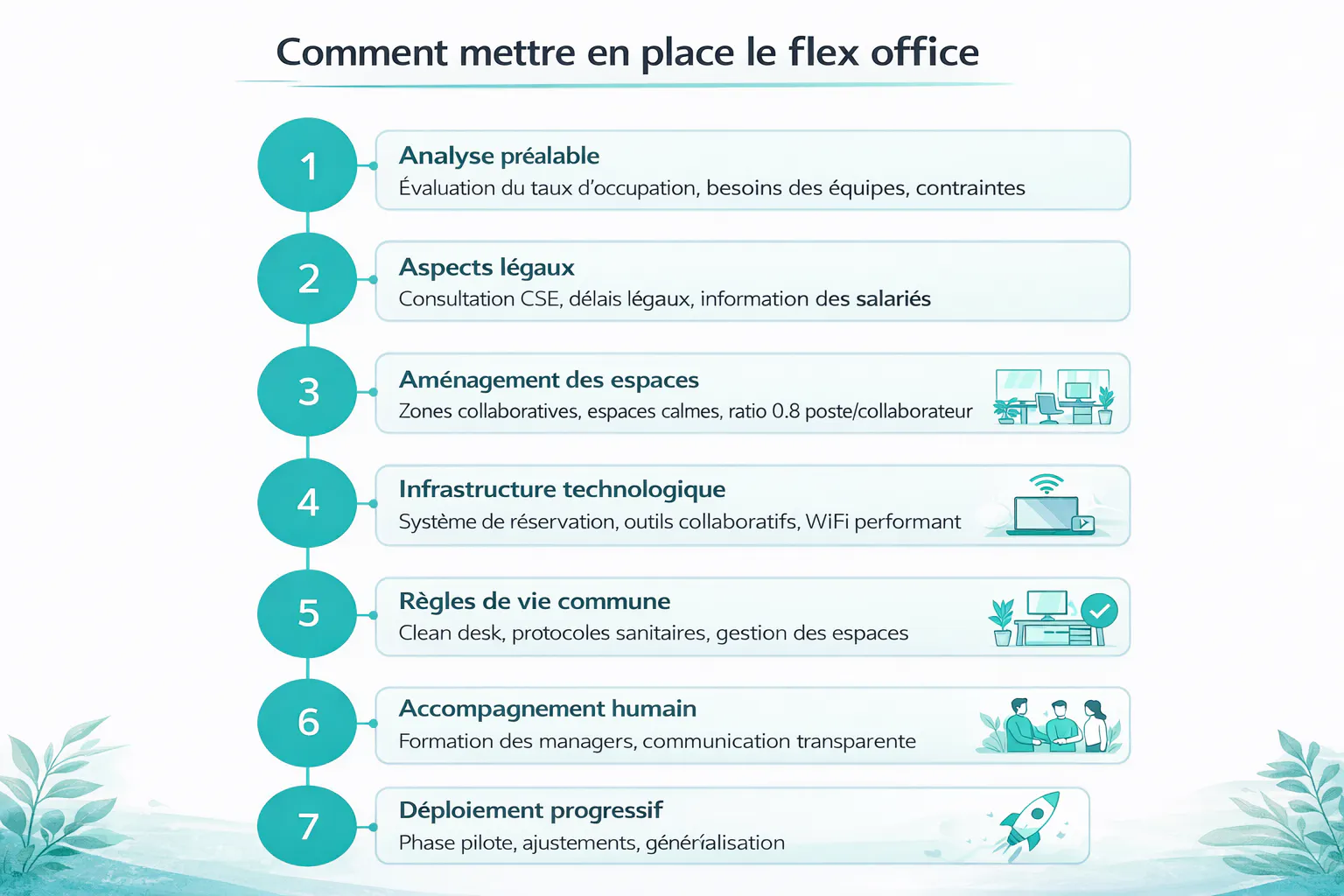 Infographie mise en place du flex office en entreprise Infographie sur comment mettre en place le flex office