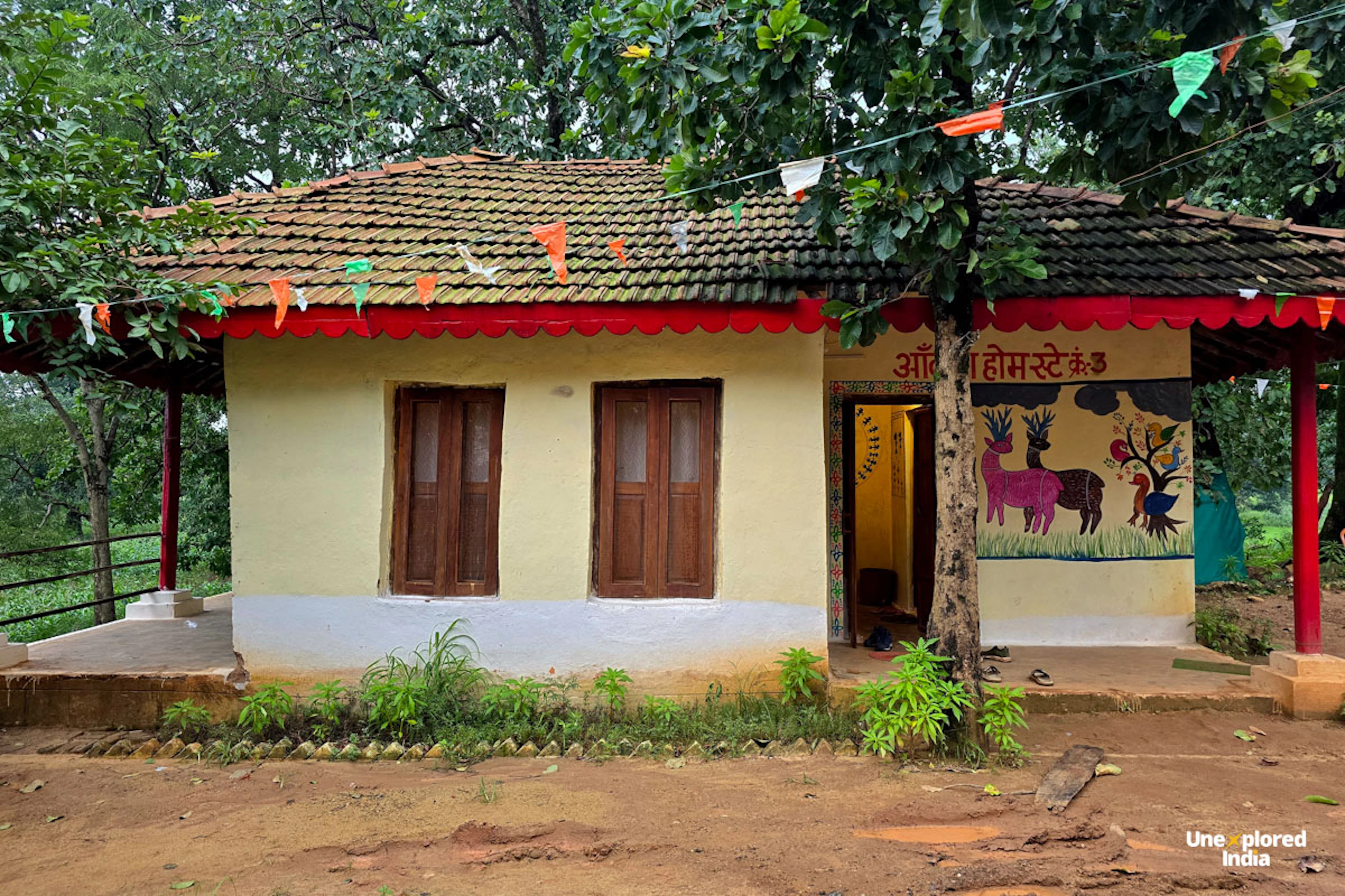 Chimtipur village homestay exterior surrounded by rural landscapes and forests in the Satpura region of Madhya Pradesh