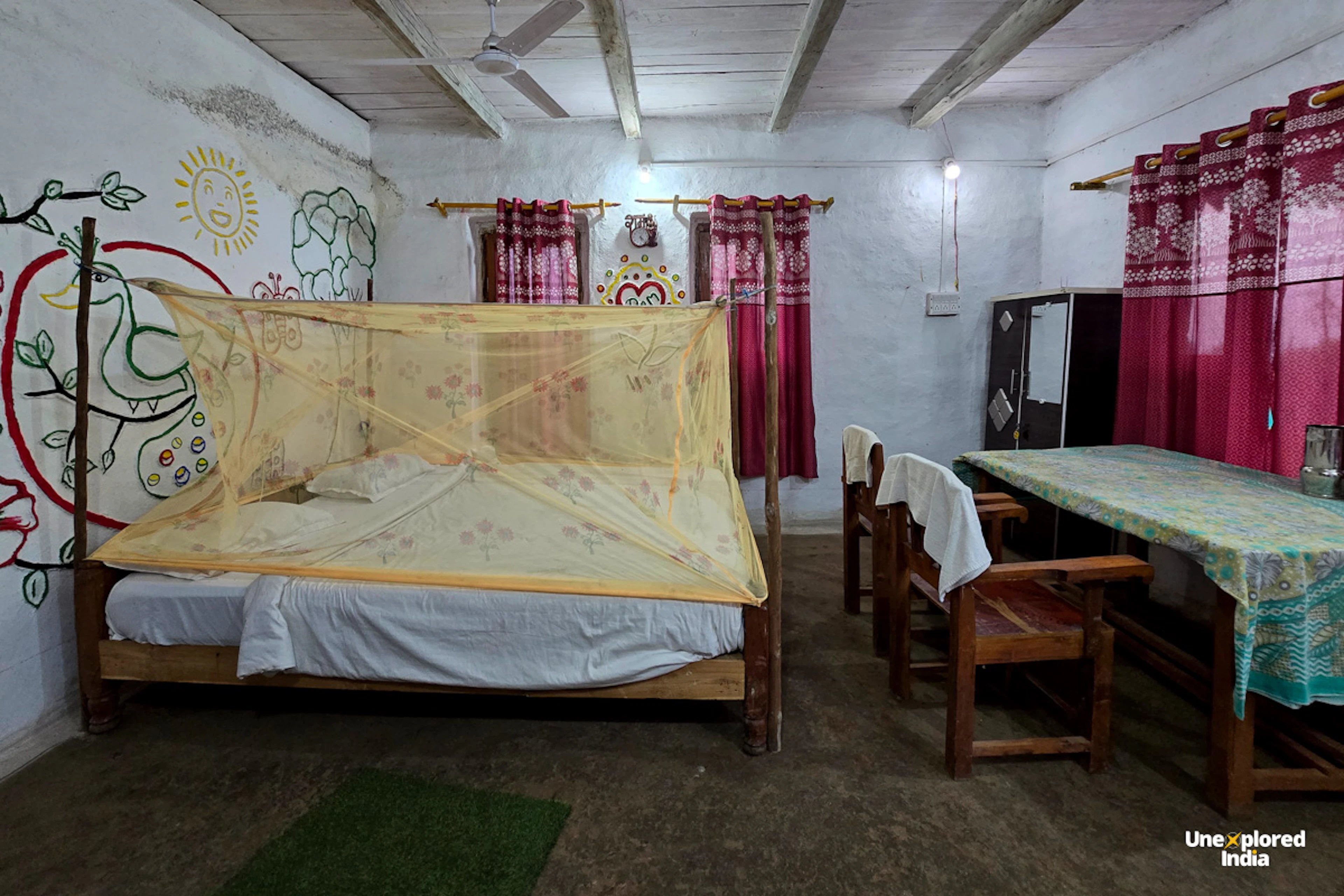 Interior view of a traditional Chimtipur village homestay in the Satpura region of Madhya Pradesh