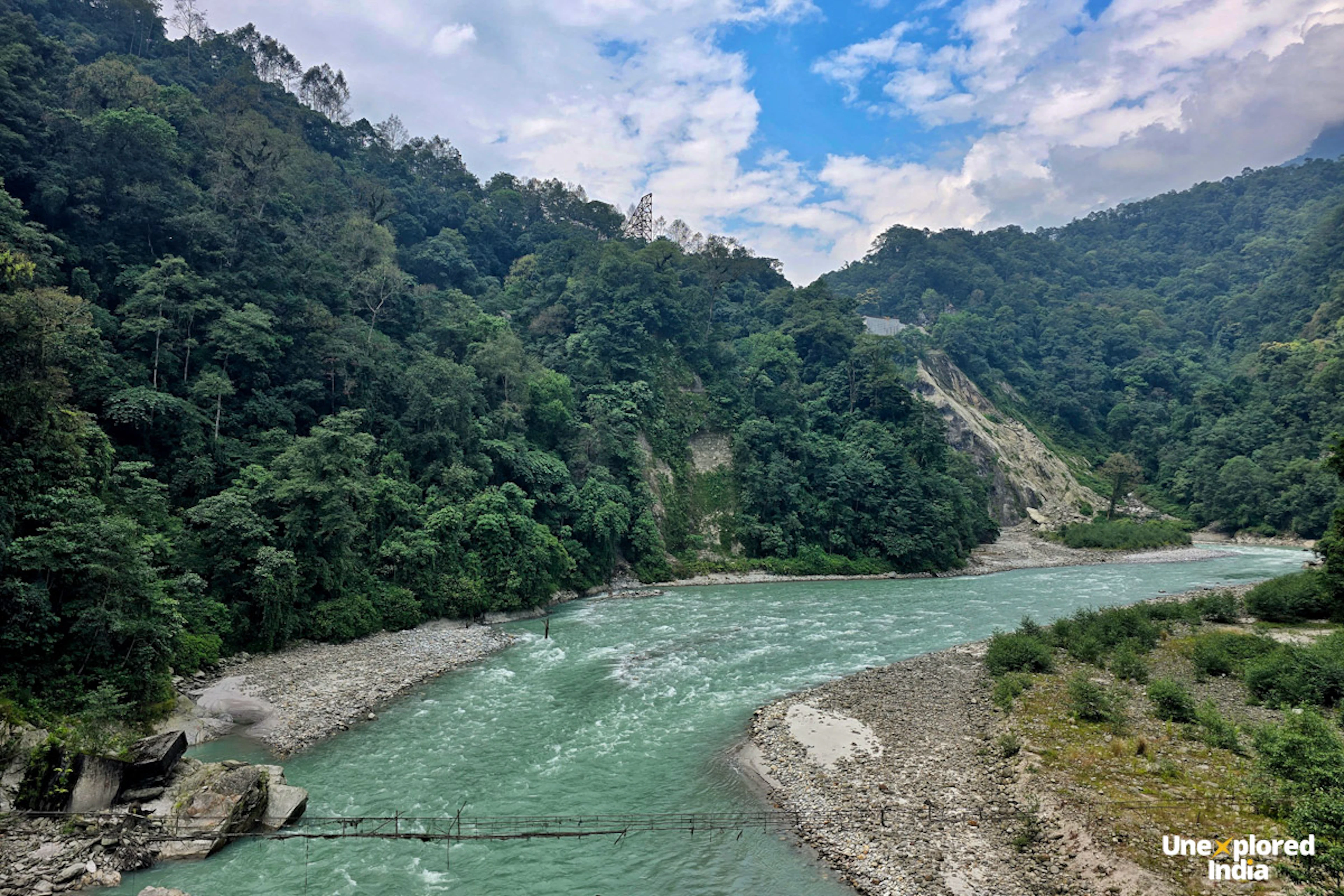 Turquoise Teesta River winding through a forested valley in Dzongu, Sikkim
