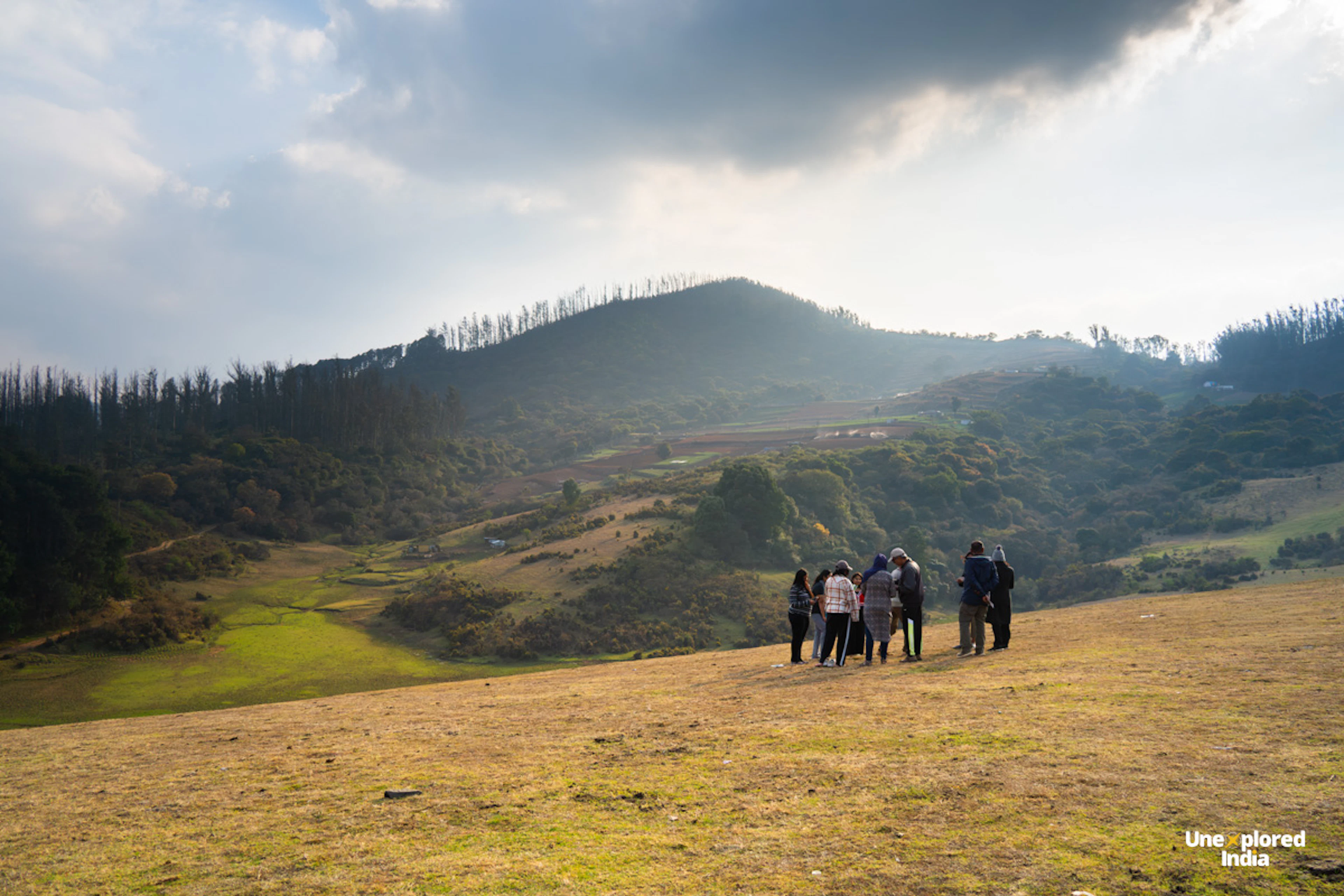 A group stands on open grassland overlooking rolling hills and patches of shola forest in the Nilgiris.