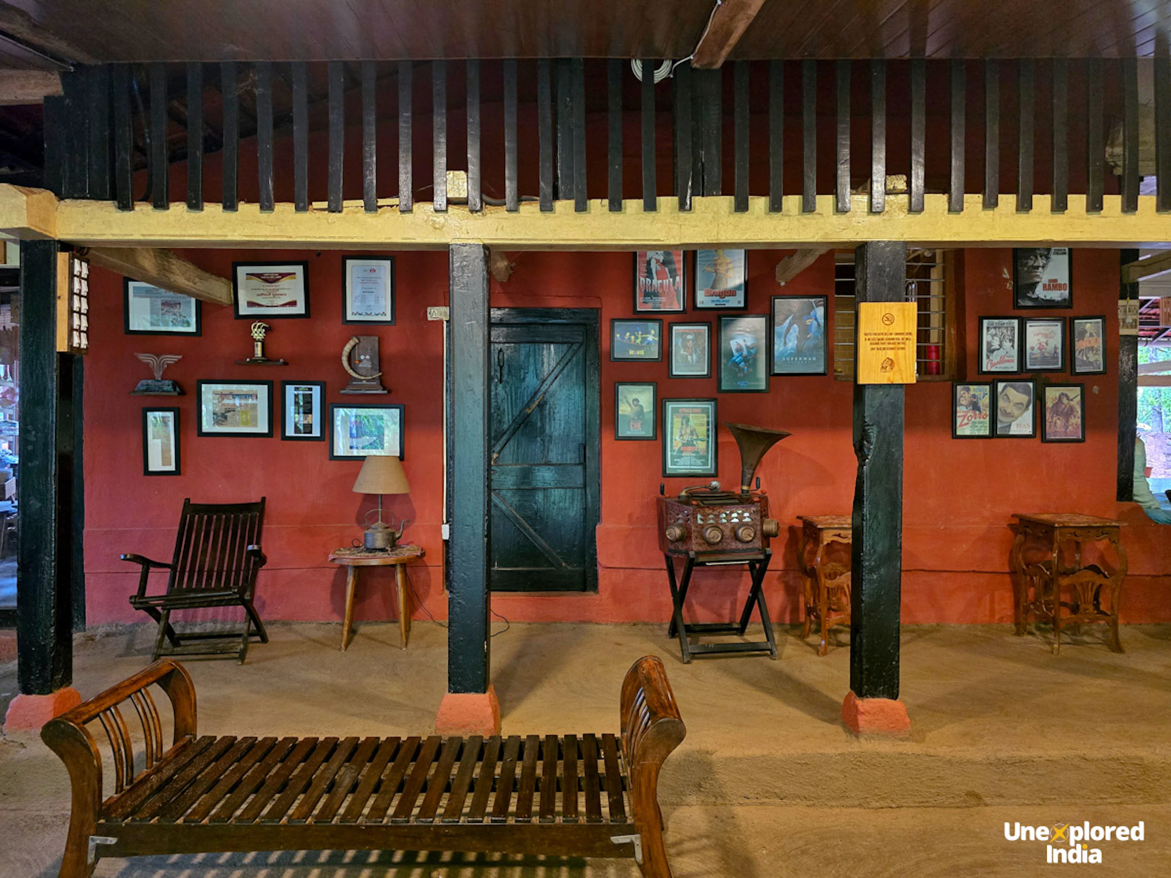 Ratnagiri tourism stay — open-air dining space with rustic Konkan decor