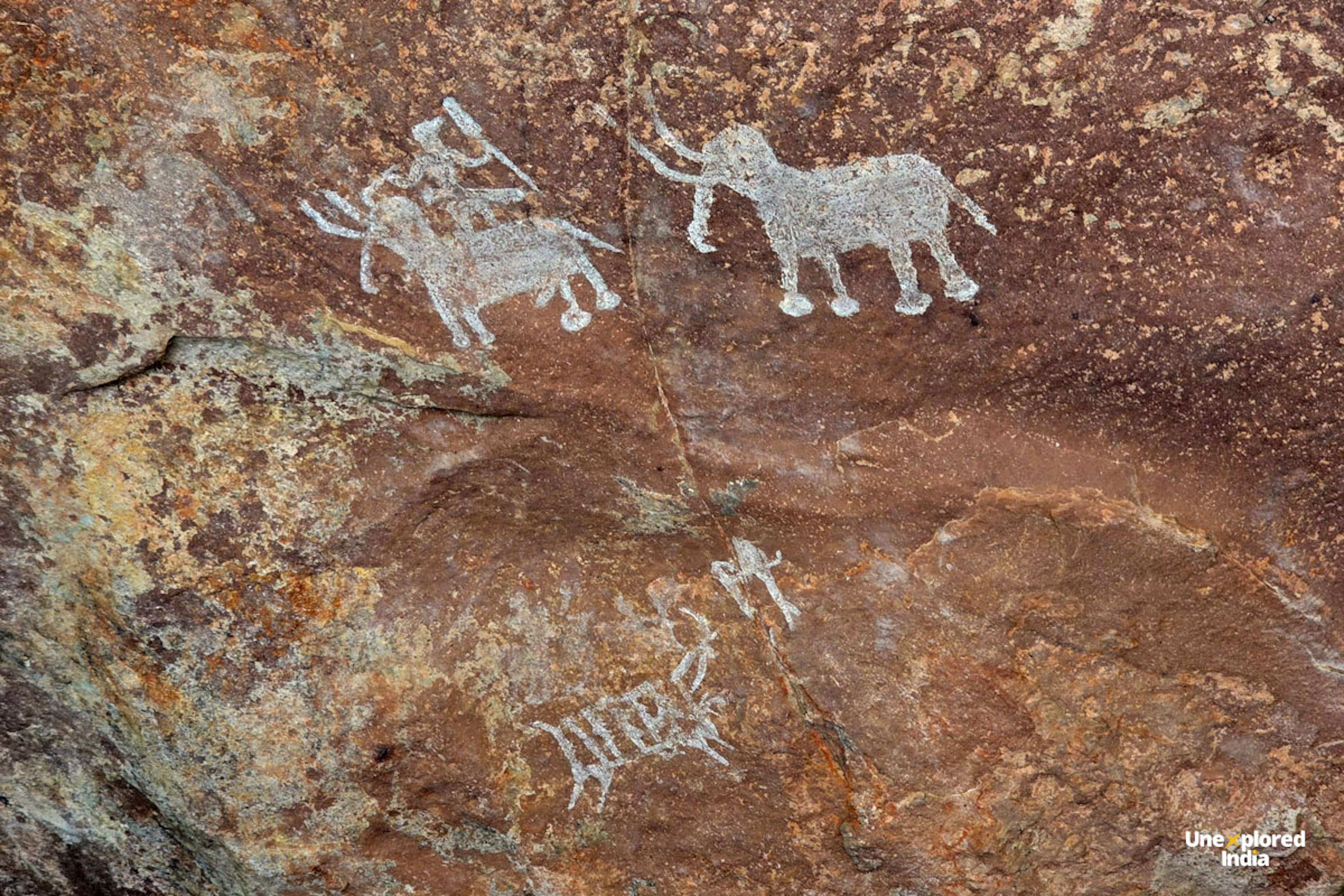 Prehistoric rock paintings inside the Bhimbetka Rock Shelters near Bhopal, Madhya Pradesh