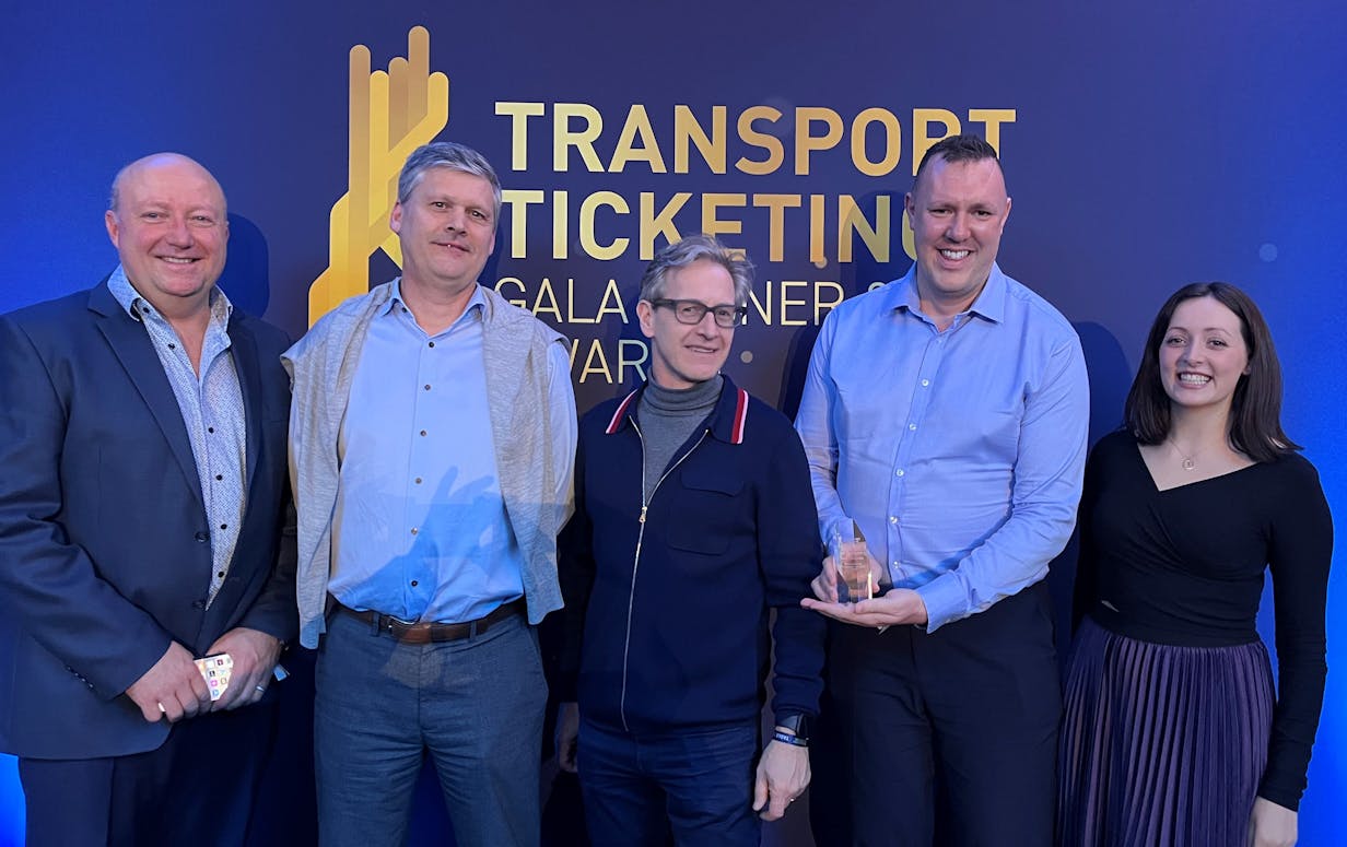 Transport Ticketing Awards 2023 - Breeze award. From left: Unicard’s Sean Dickinson and Peter Verrept, Trafi’s Damian Bown, and Solent Transport’s Steve Longman and Lauren Ward