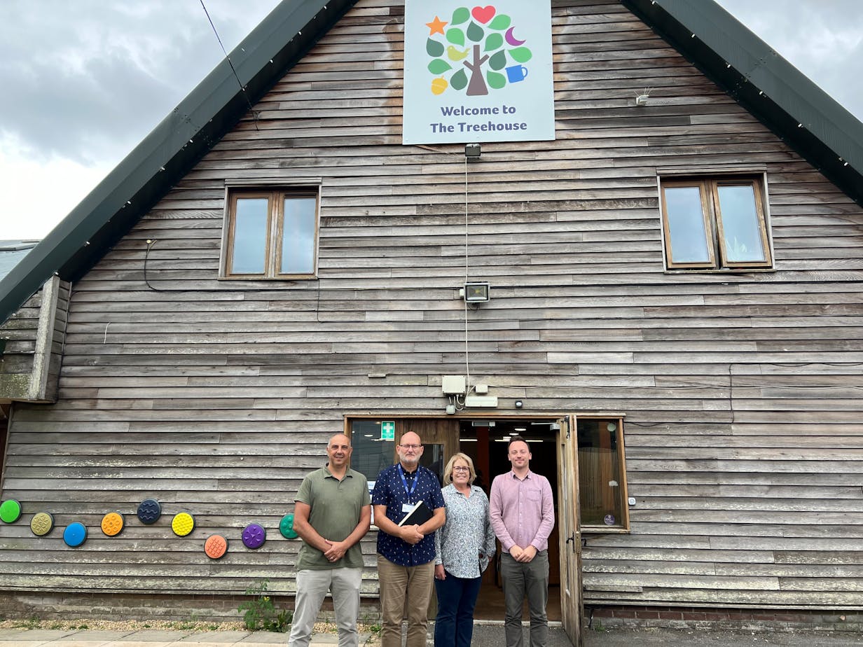 Plamen Atanassov, Will Howard and Julieann Jones from Unicard met with Nick Mahony, Corporate Fundraiser for Diverse Abilities, to tour their Treehouse venue in the village of Hurn, near Bournemouth - August 2024